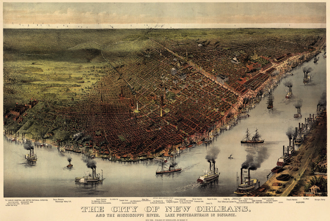 The City of New Orleans, and the Mississippi River Lake Pontchartrain In Distance 1885