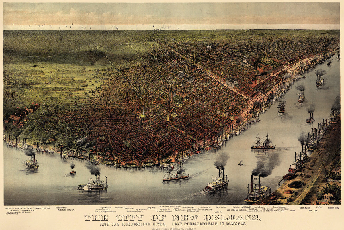 The City of New Orleans, and the Mississippi River Lake Pontchartrain In Distance 1885 by Relic Map Company