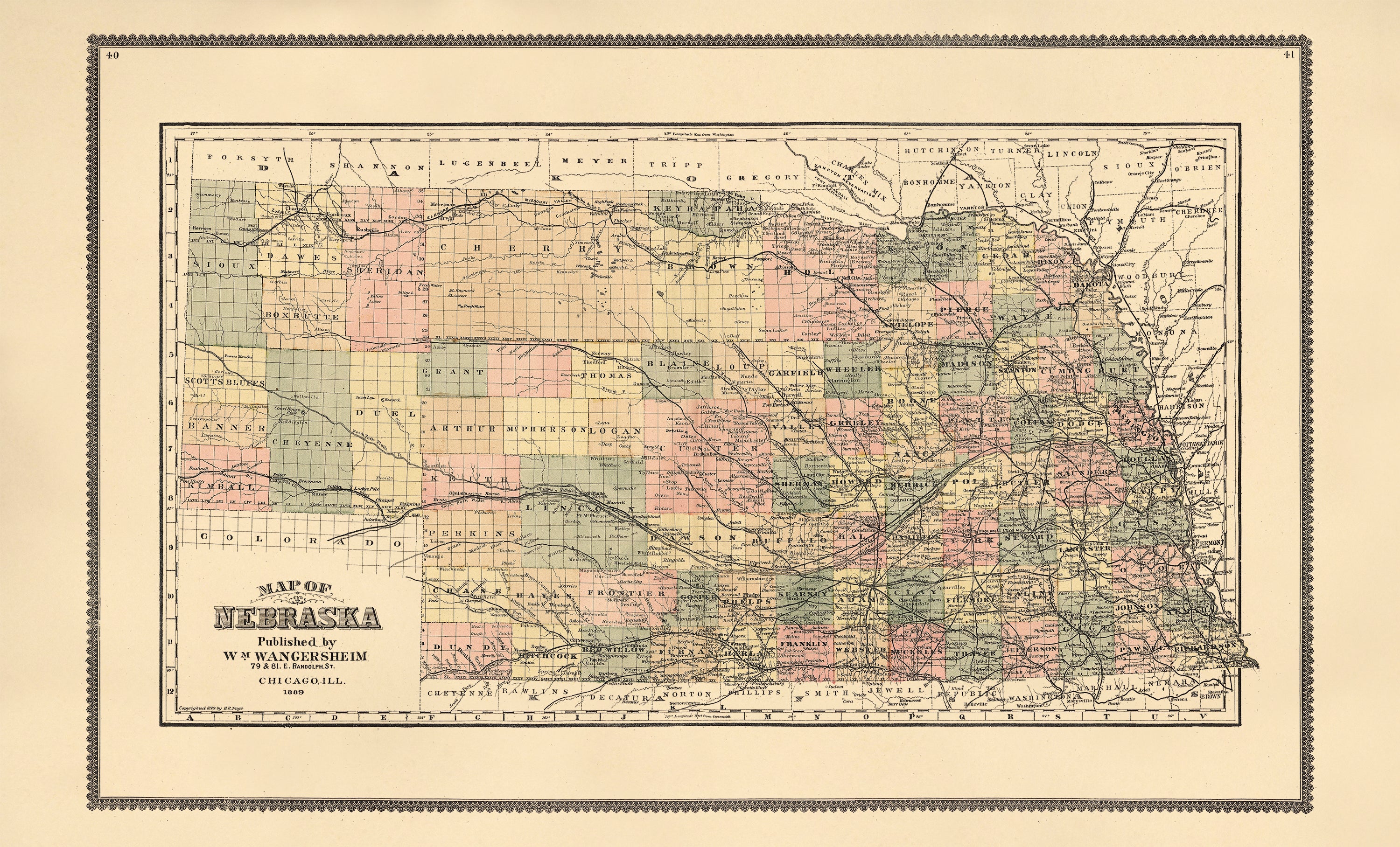 Map of Nebraska from Atlas of Genesee County, Michigan 1889