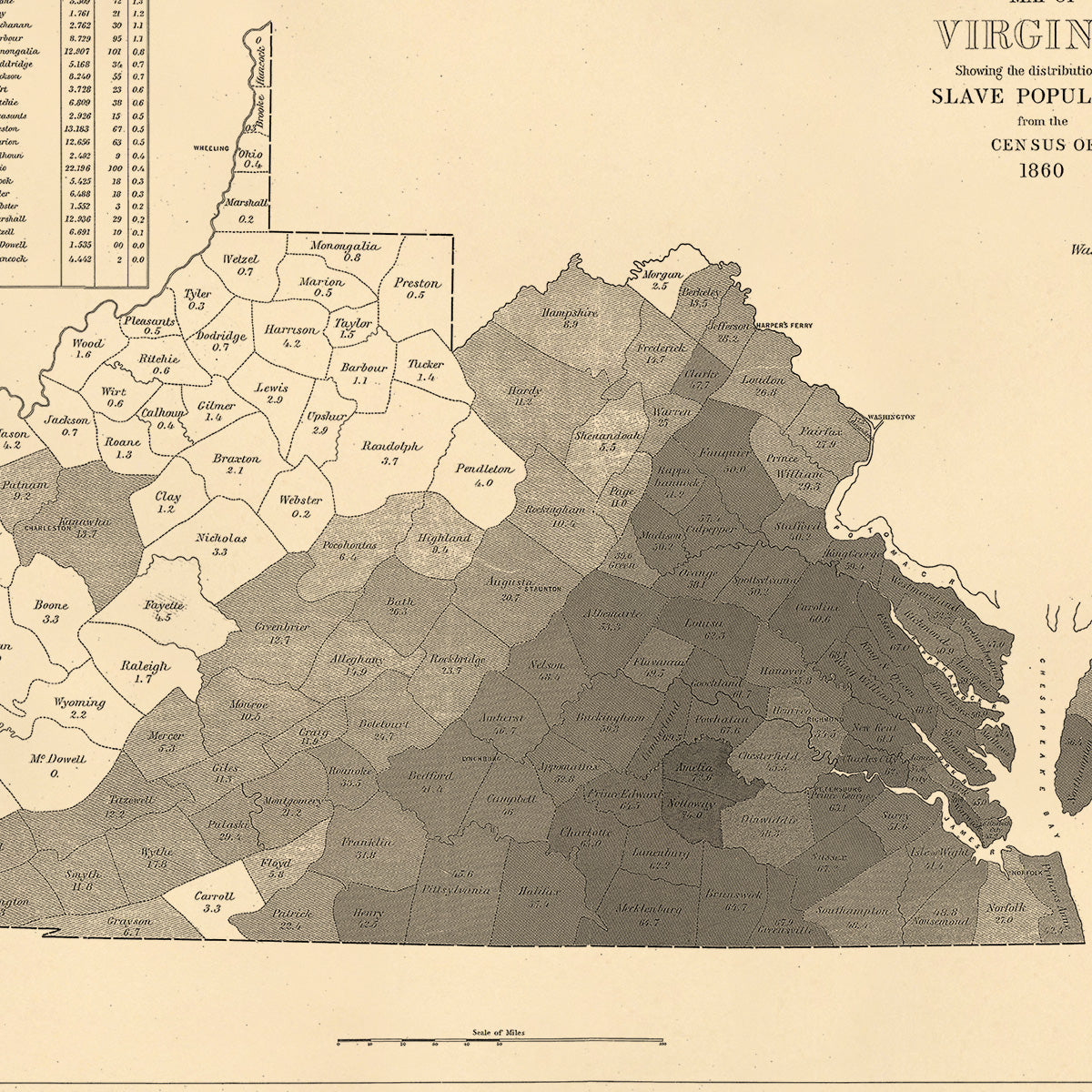 Map of Virginia : Showing the Distribution of Its Slave Population from the Census of 1860 1861