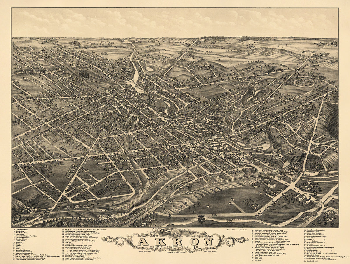 Panoramic View of the City of Akron, Summit County, Ohio 1882 by Relic Map Company