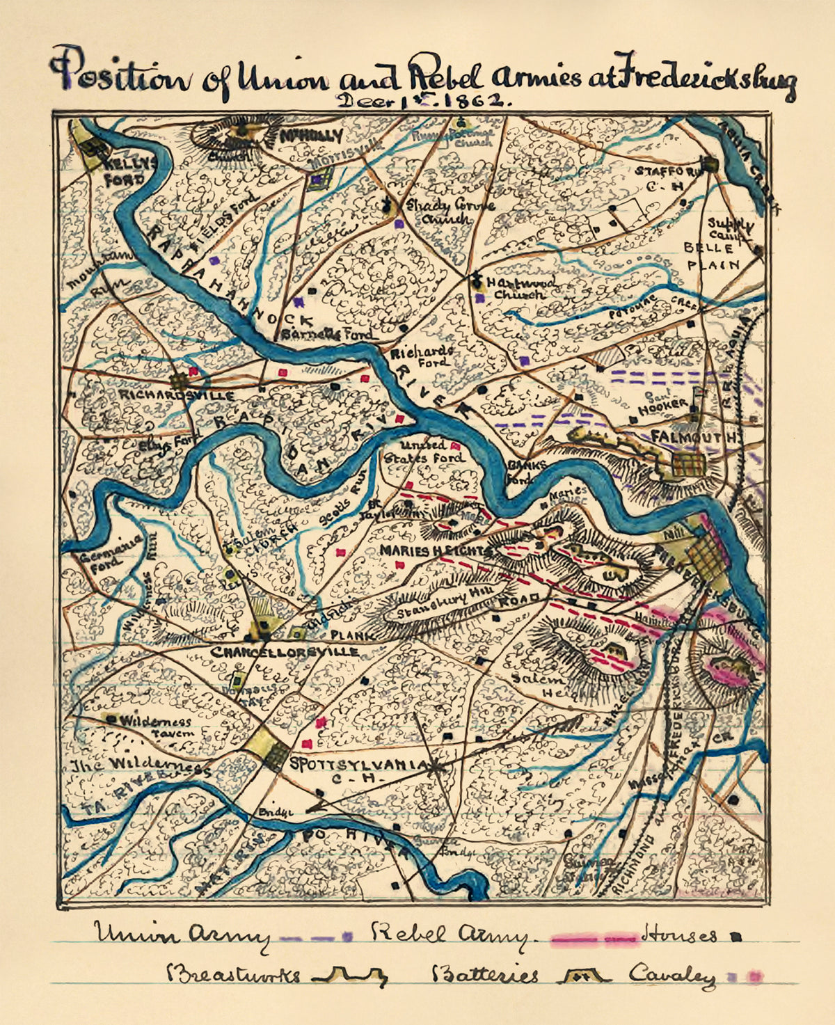 Position of Union and Rebel Armies at Fredericksburg, Decr. 1st 1862 12-01