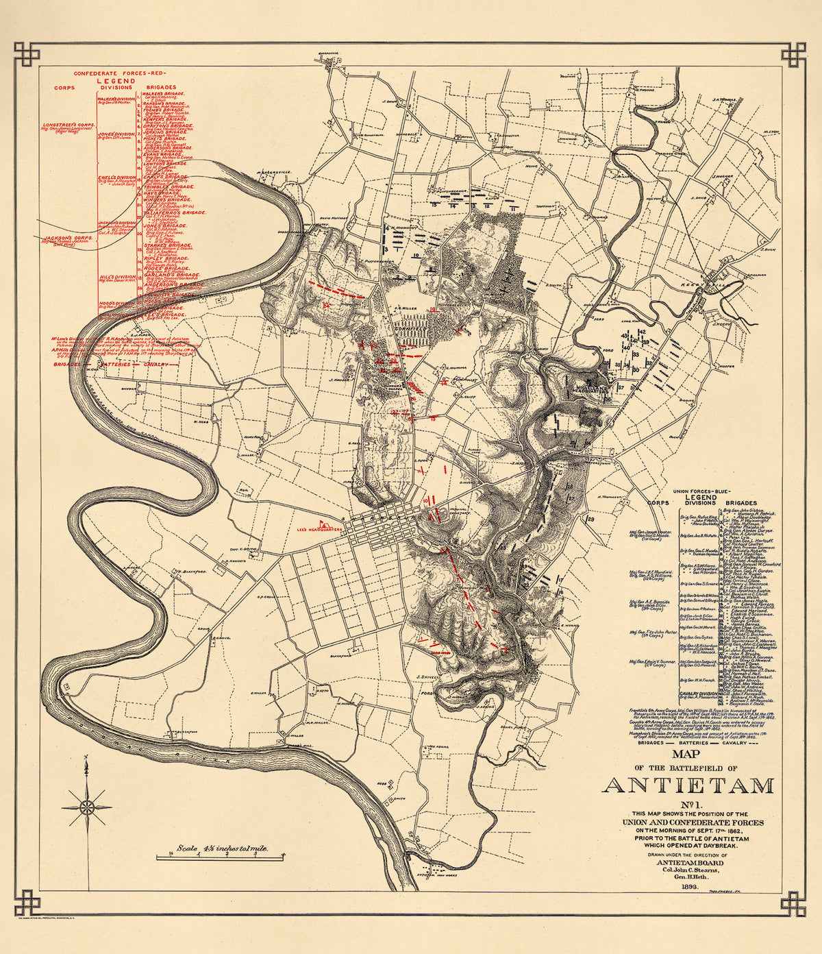 Map of the Battlefield of Antietam. No. 1. This Map Shows the Position of the Union and Confederate Forces On the Morning of Sept. 17th, 1862, Prior to the Battle of Antietam Which Opened at Daybreak 1893 by Relic Map Company