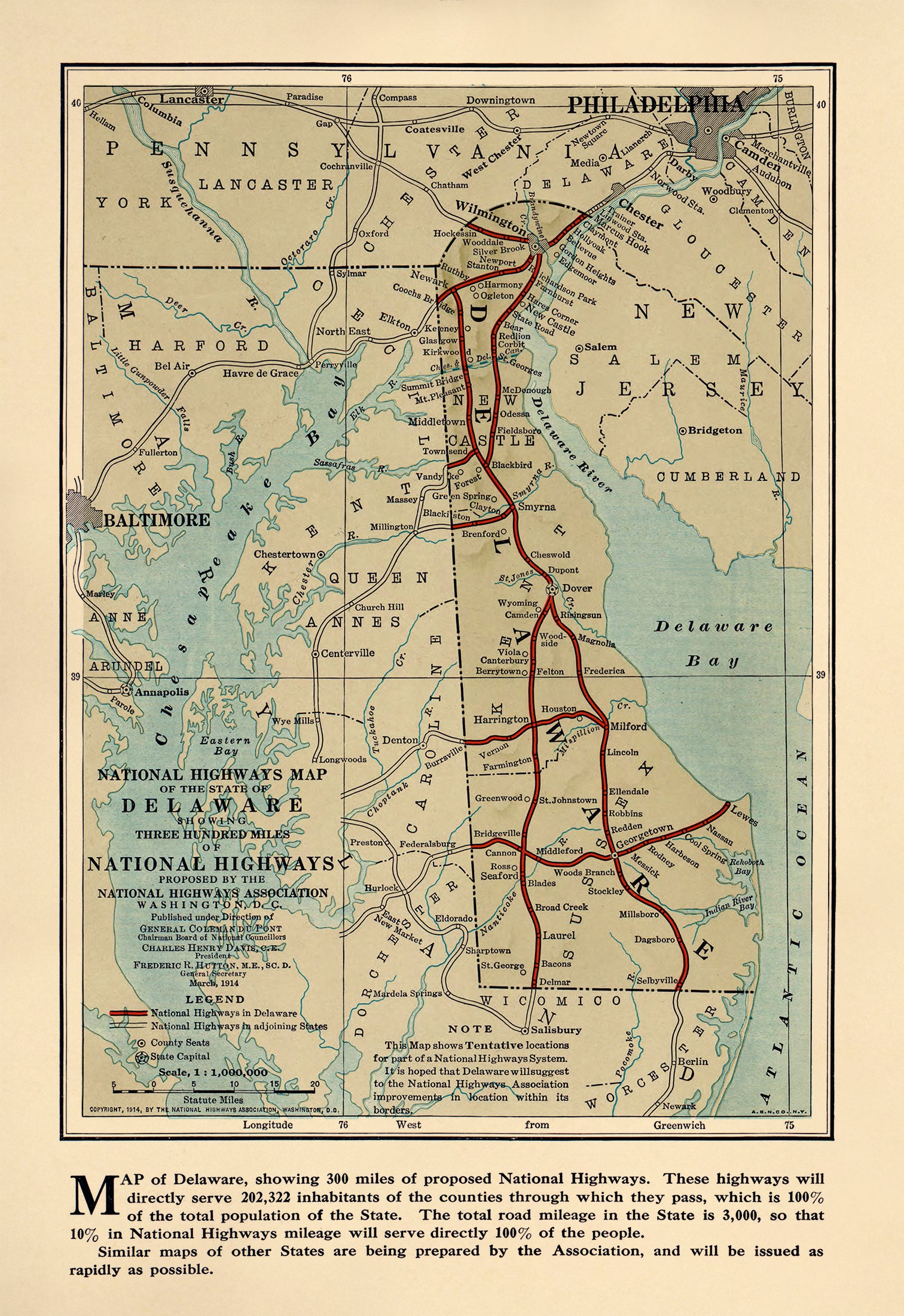 National Highways Association Map of the State of Delaware. (National Highways Association Map of the State of Delaware: Showing Three Hundred Miles of National Highways Proposed by the National Highways Association) 1914