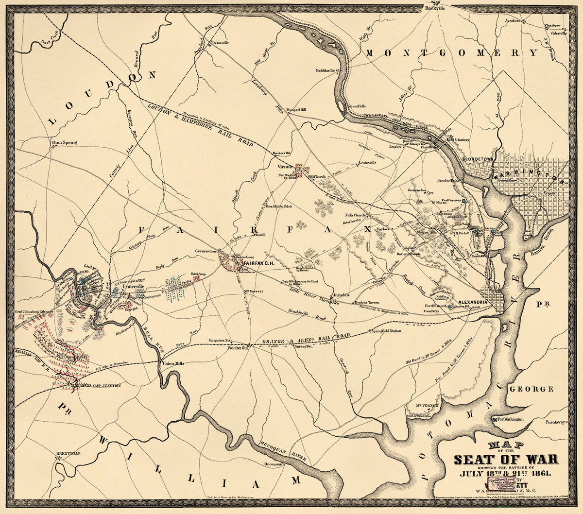 Map of the Seat of War Showing the Battles of July 18th & 21st 1861 by Relic Map Company