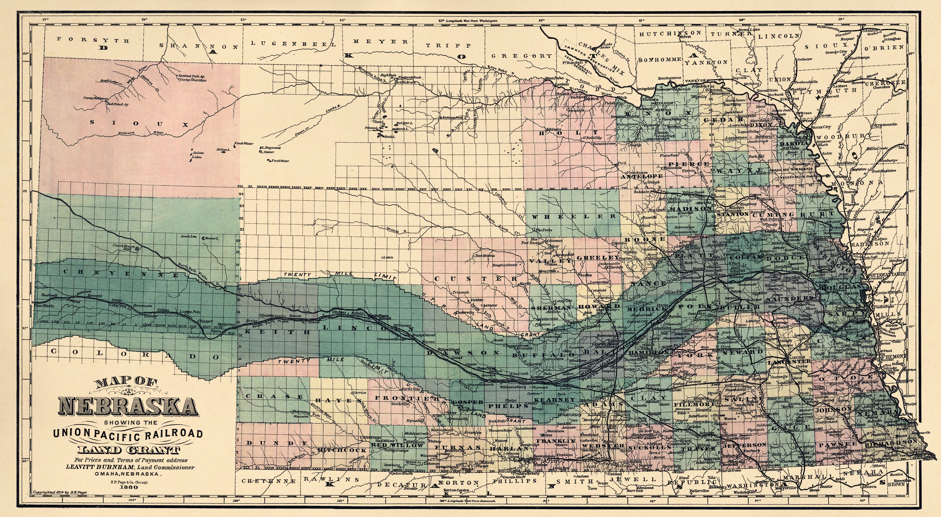 Map of Nebraska Showing the Union Pacific Railroad Land Grant 1880