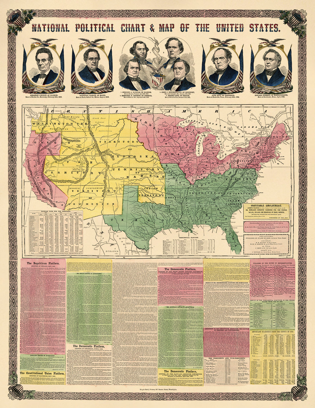 National Political Chart & Map of the United States 1860