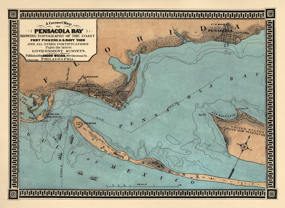 A Correct Map of Pensacola Bay Showing Topography of the Coast, Fort Pickens, U.S. Navy Yard, and All Other Fortifications from the Latest Government Surveys 1860 by Relic Map Company