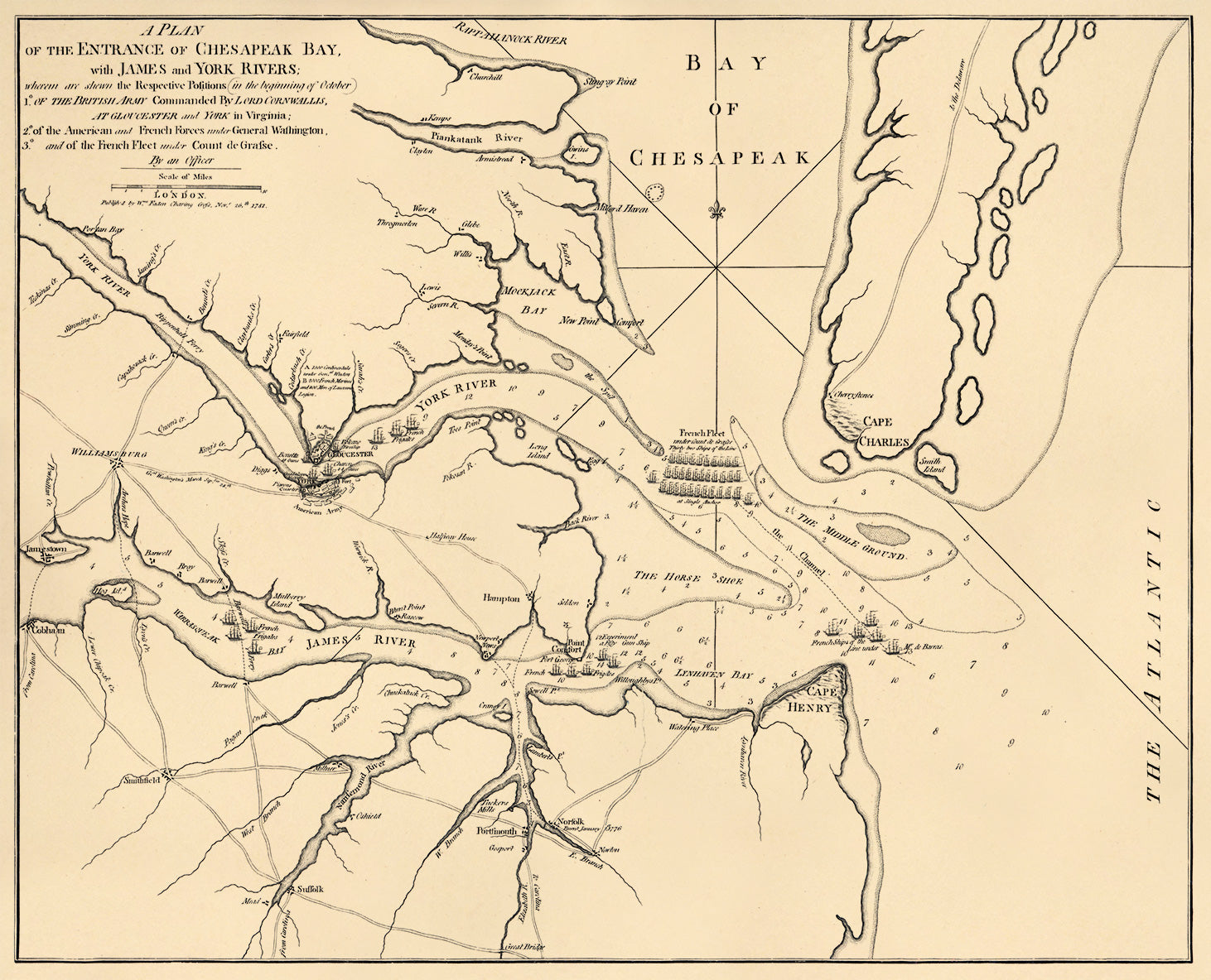 A Plan of the Entrance of Chesapeak Bay, With James and York Rivers; Wherein Are Shewn the Respective Positions (in the Beginning of October) 1.⁰ of the British Army Commanded by Lord Cornwallis at Gloucester and York In Virginia; 2.⁰ of the Ameri...