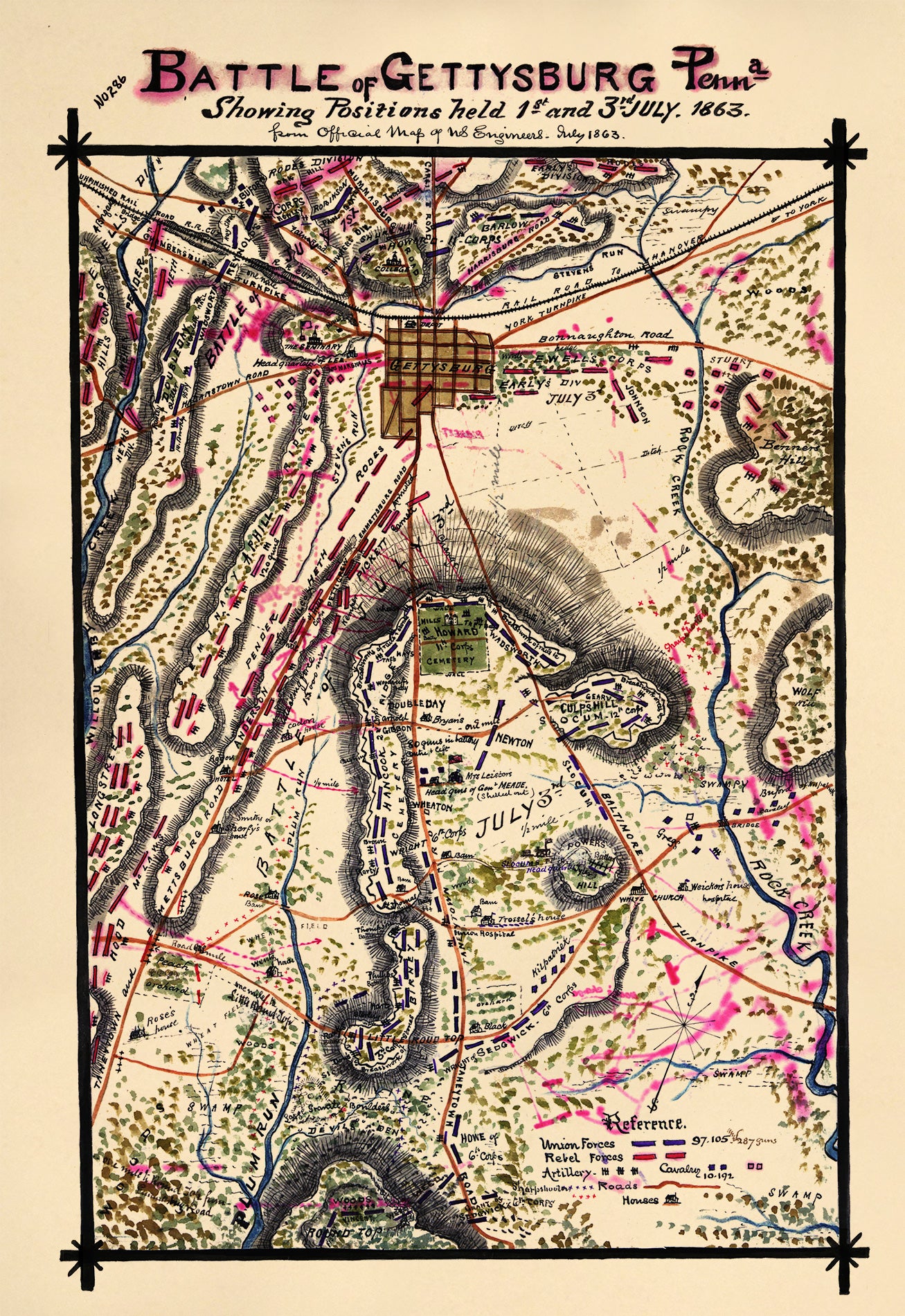 Battle of Gettysburg, Penna. Showing Positions Held 1st and 3rd July 1863 1862