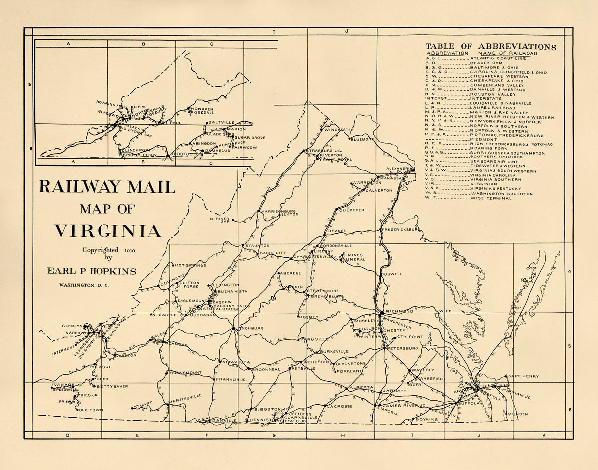 Railway Mail Map of Virginia 1910