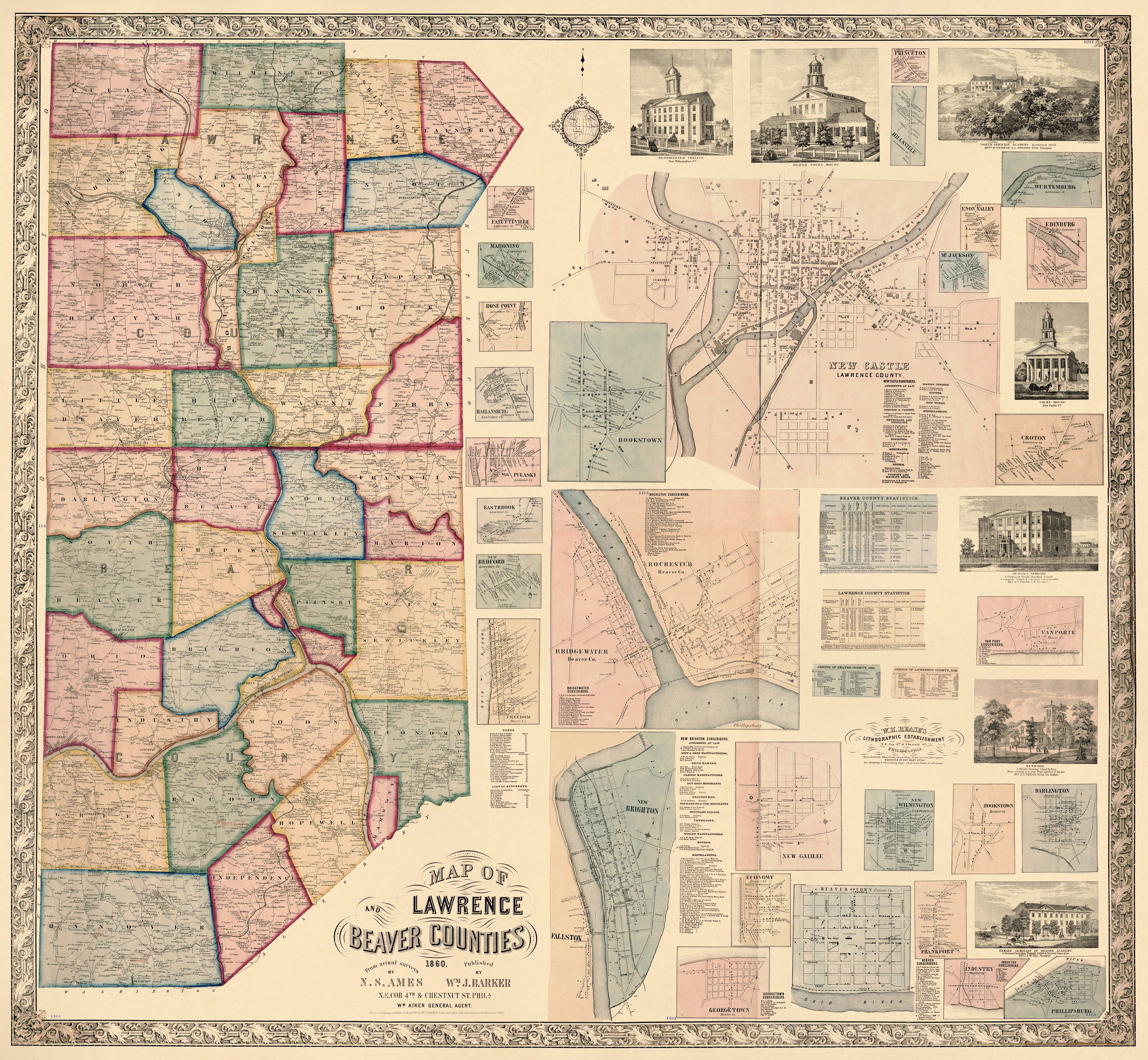 Map of Lawrence and Beaver Counties in 1860 by Relic Map Company