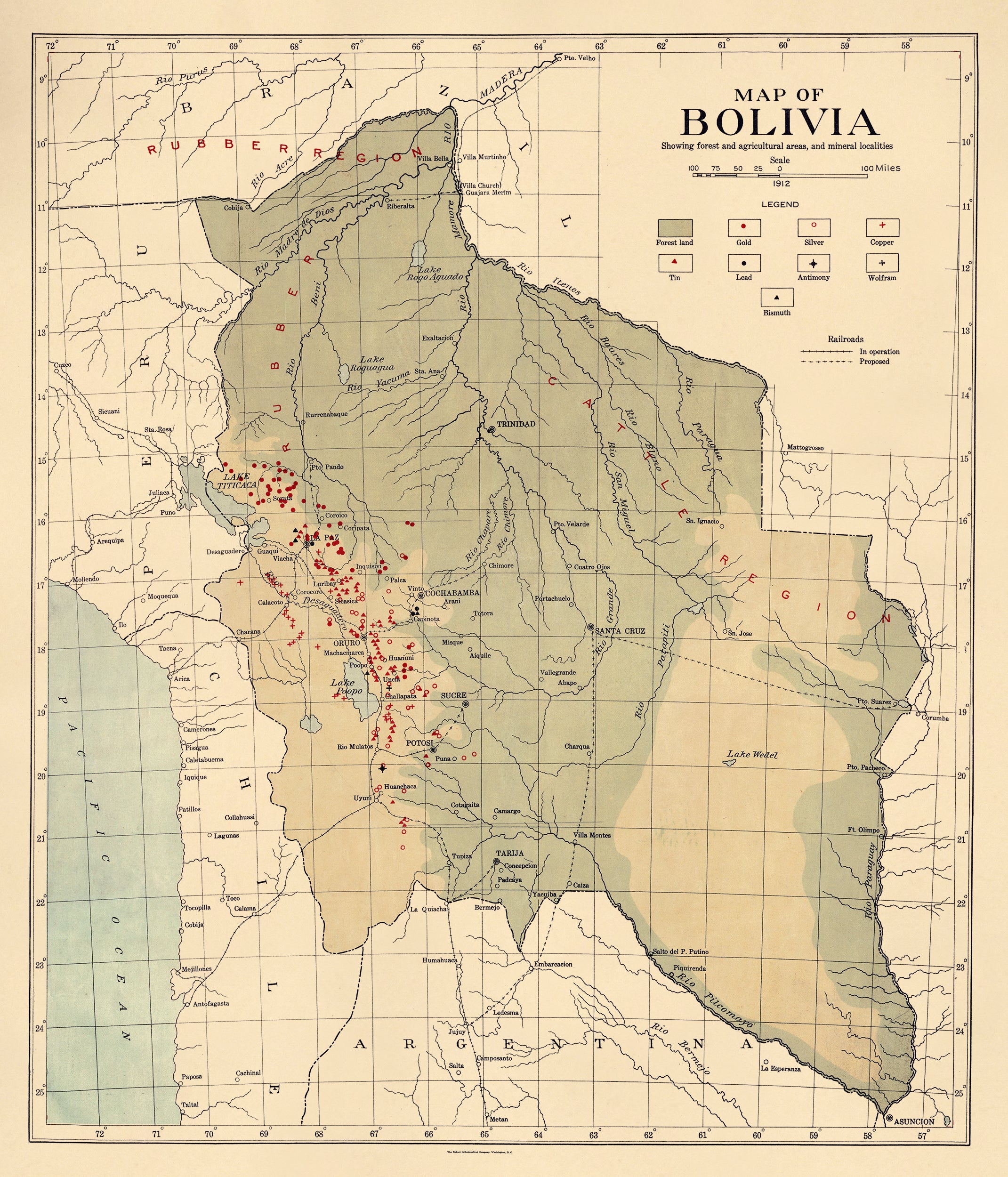 Map of Bolivia, Showing Forest and Agriculture Areas, and Mineral Localities 1912