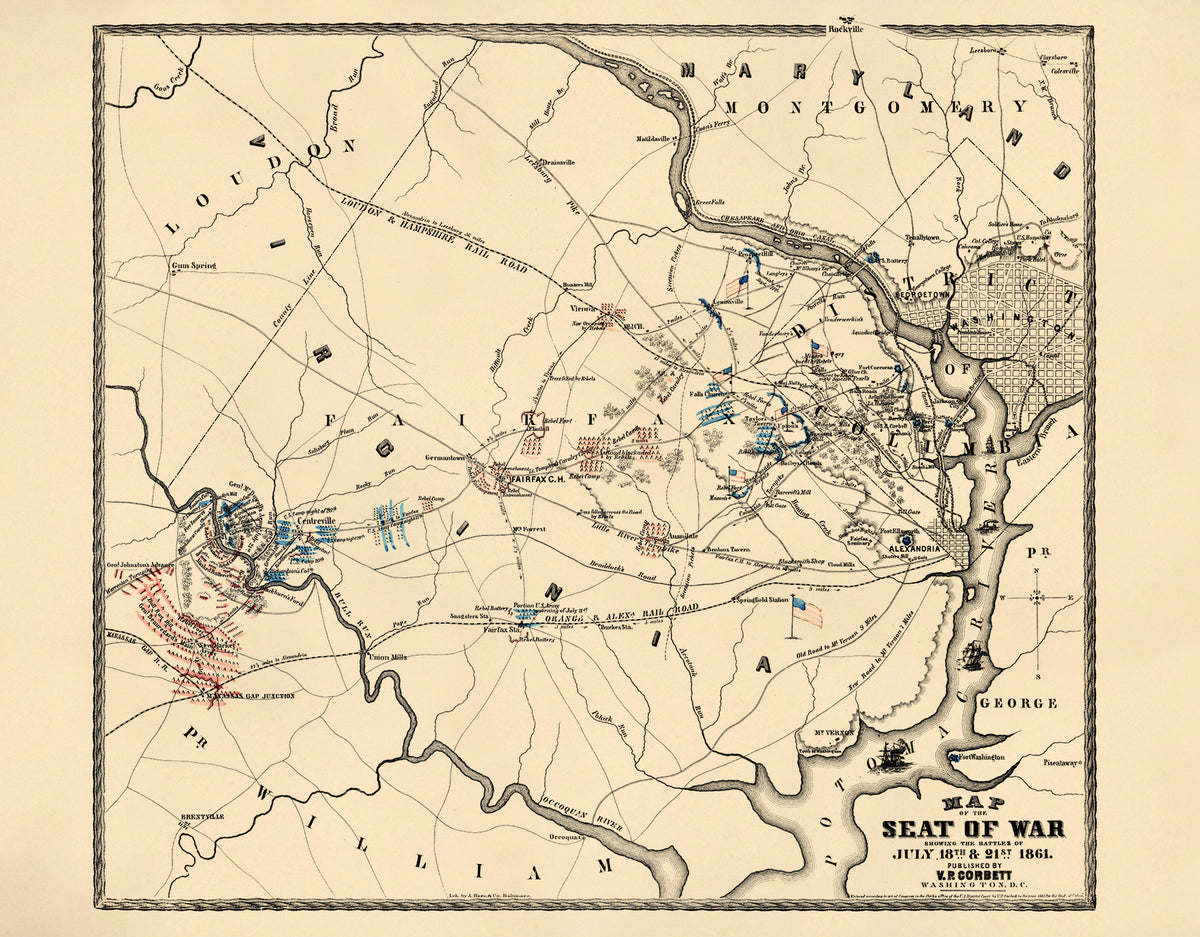 Map of the Seat of War Showing the Battles of July 18th & 21st 1861 by Relic Map Company