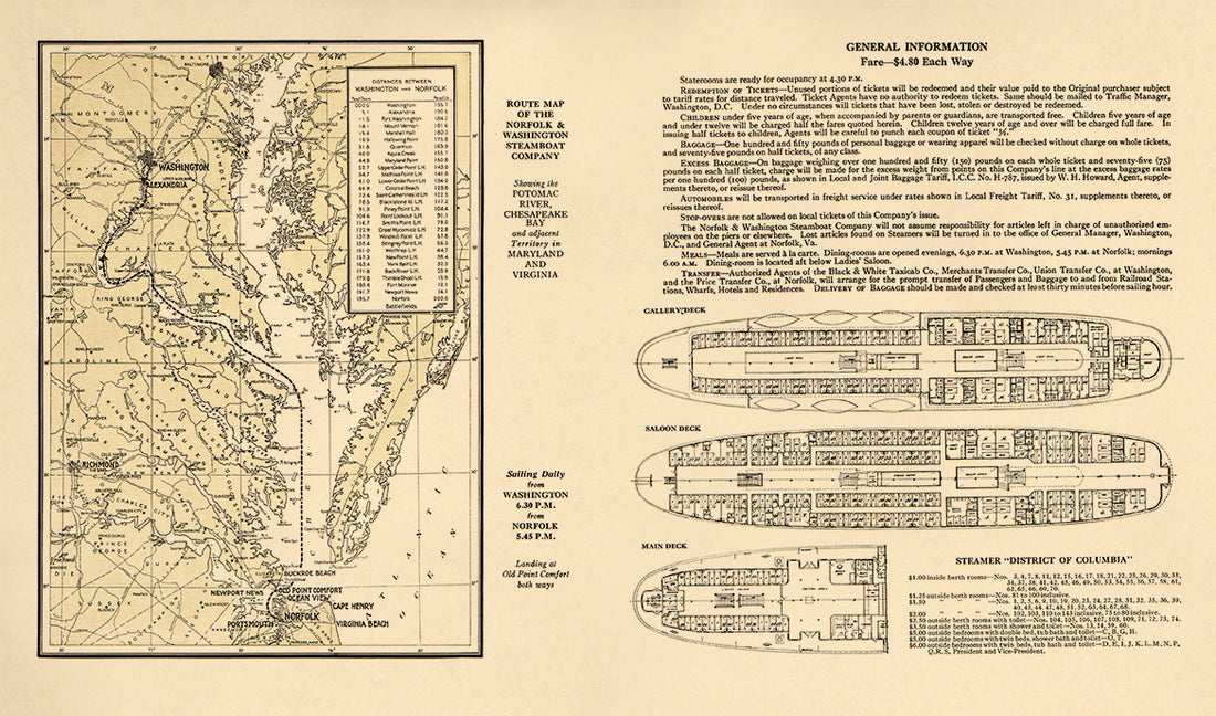 Route Map of the Norfolk & Washington Steamboat Company : Showing the Potomac River, Chesapeake Bay, and Adjacent Territory In Maryland and Virginia 1920