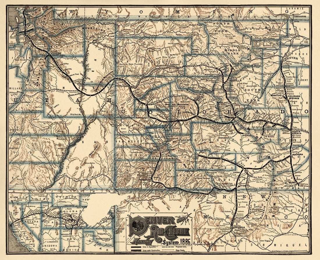 Denver and Rio Grande Railway System, in 1886 by Relic Map Company