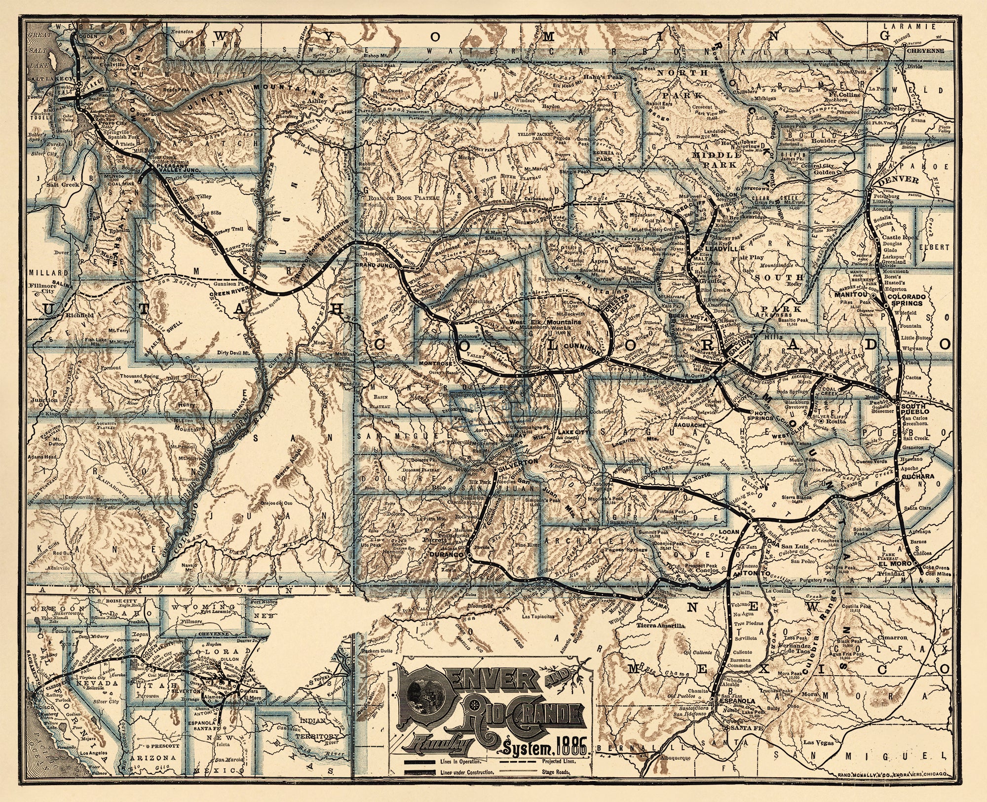 Denver and Rio Grande Railway System, in 1886 by Relic Map Company