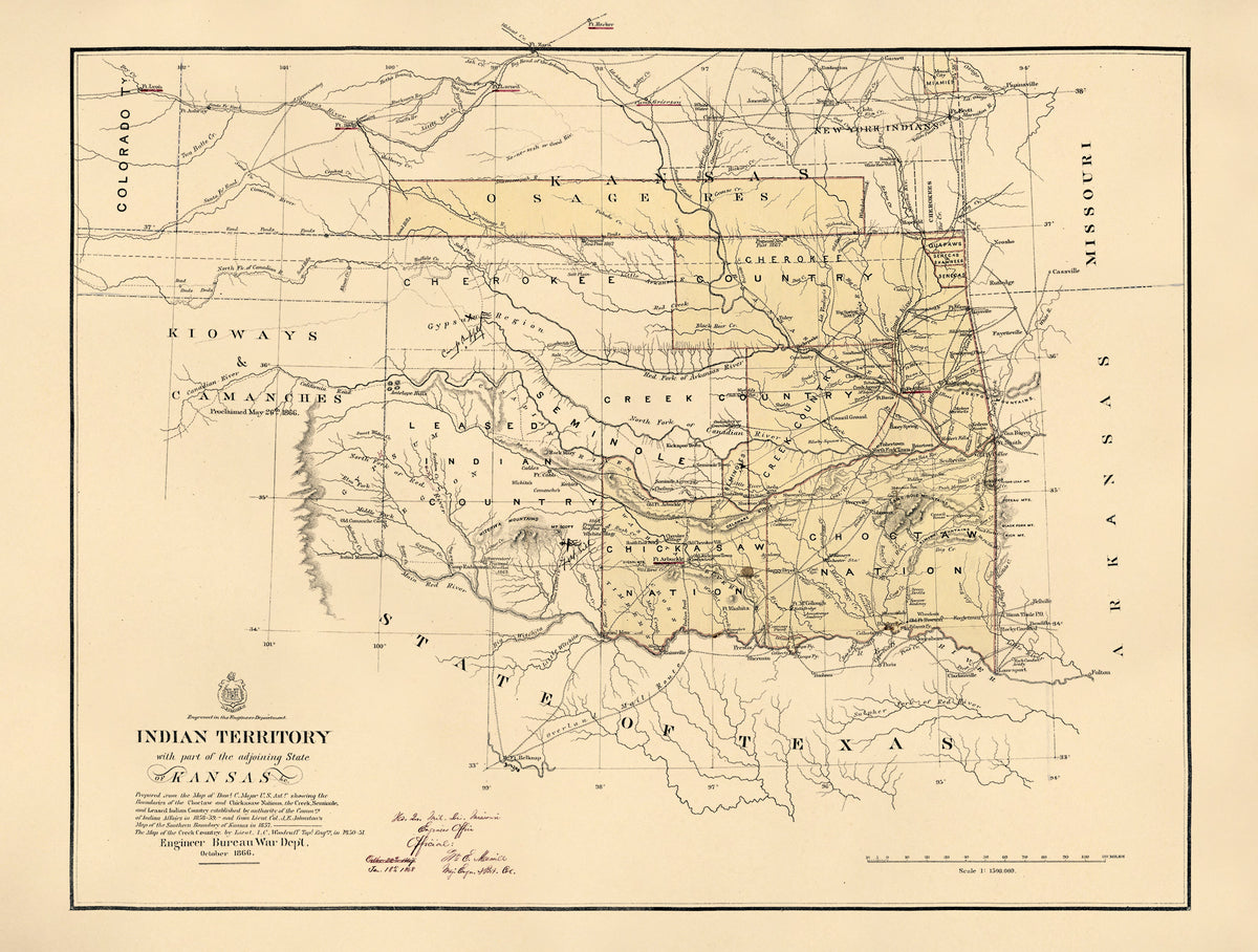 Indian Territory, With Part of the Adjoining State of Kansas 1866 by Relic Map Company