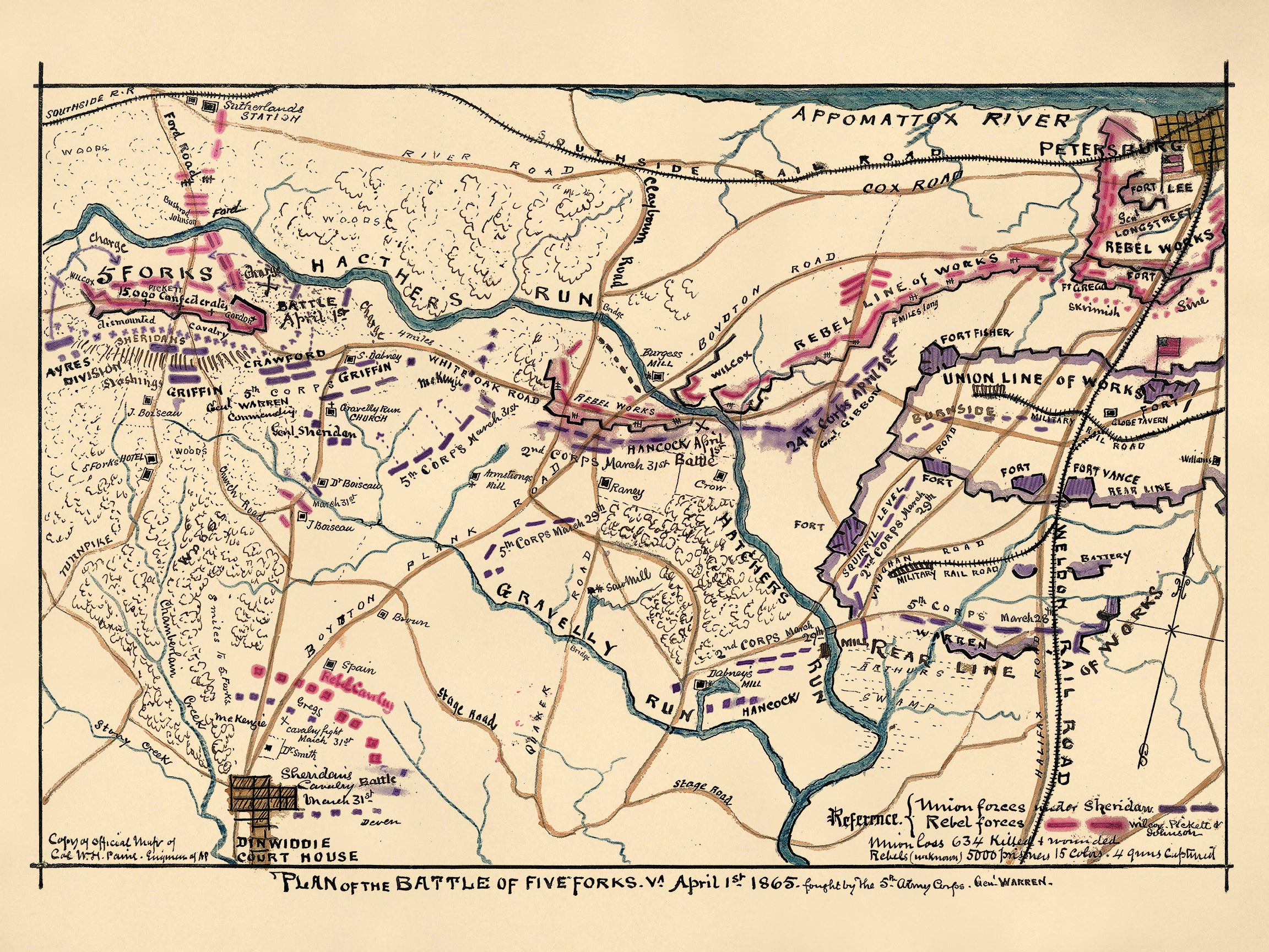 Plan of the Battle of Five Forks, Va., April 1st 1865 : Fought by 5th Army Corps Genl Warren 04-01