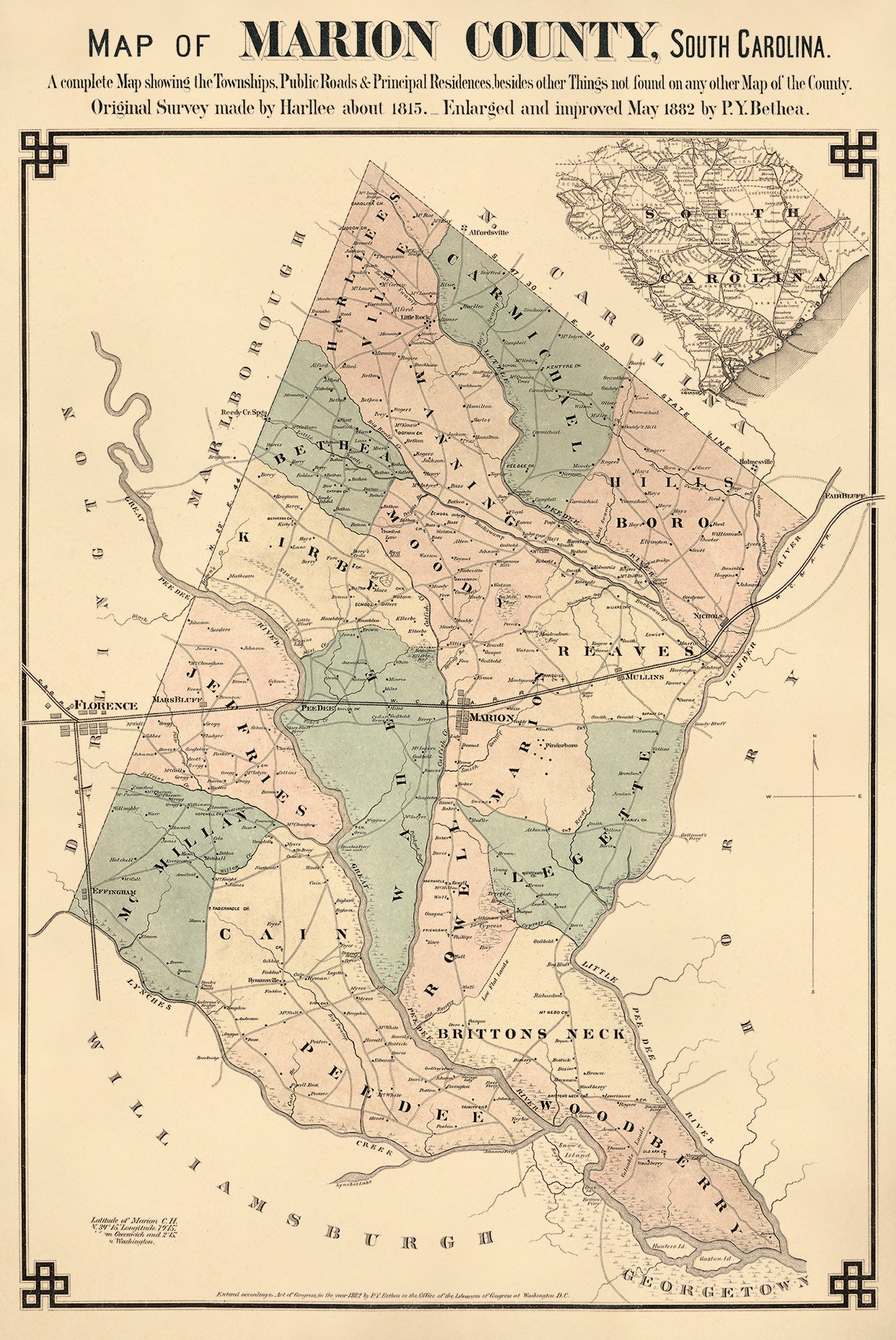 Map of Marion County, South Carolina : a Complete Map Showing the Townships, Public Roads & Principle Residences, Besides Other Things Not Found On Any Other Map of the County (Marion County, South Carolina) 1882