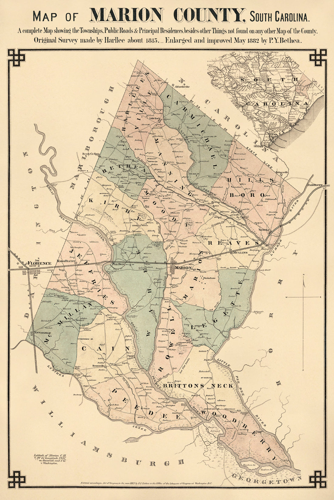 Map of Marion County, South Carolina : a Complete Map Showing the Townships, Public Roads & Principle Residences, Besides Other Things Not Found On Any Other Map of the County (Marion County, South Carolina) 1882