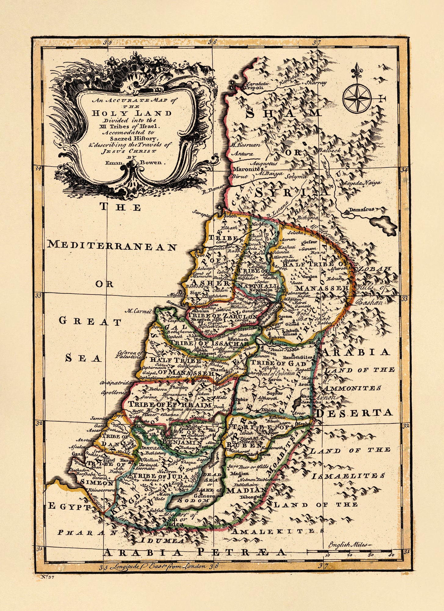 An Accurate Map of the Holy Land Divided Into the XII Tribes of Israel. Accomodated to Sacred History, & Describing the Travels of Jesus Christ 1752 by Relic Map Company