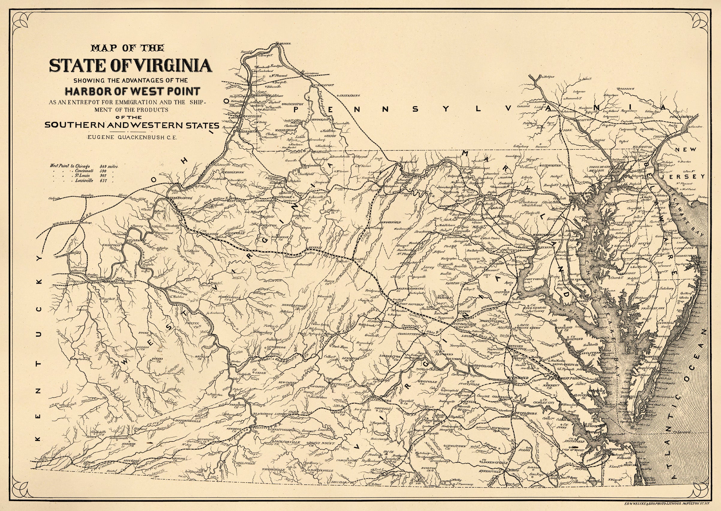 Map of the State of Virginia : Showing the Advantages of the Harbor of West Point As an Entrepot for Emmigration and the Shipment of the Products of the Southern and Western States 1875