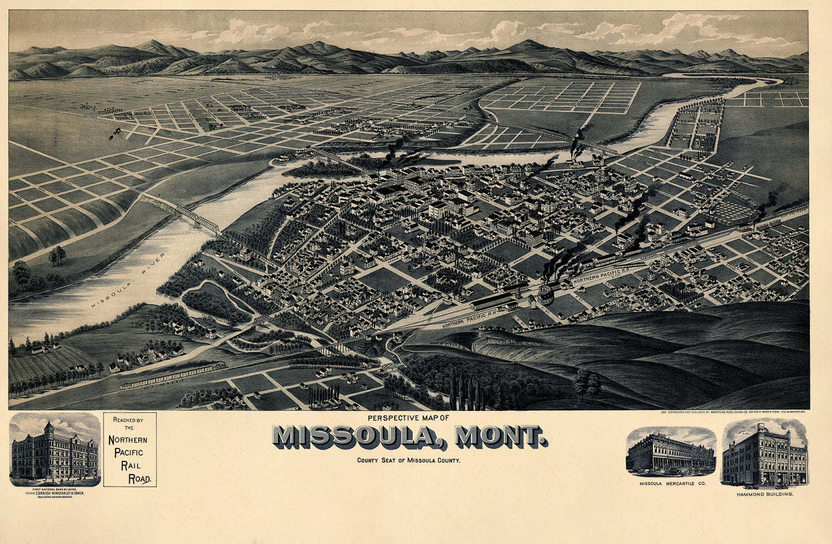 Perspective Map of Missoula, Mont. County Seat of Missoula County 1891 by Relic Map Company