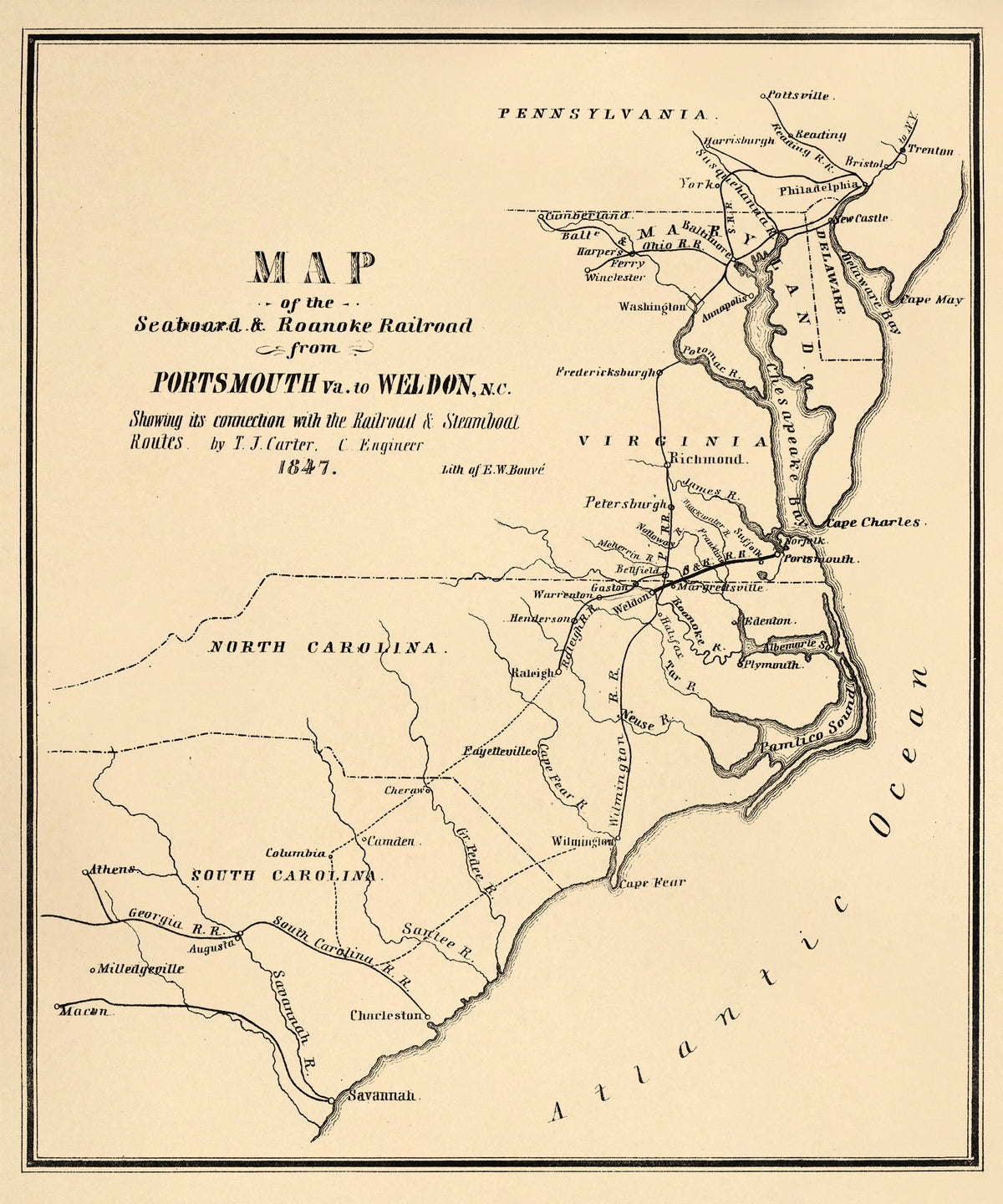 Map of the Seaboard & Roanoke Railroad from Portsmouth, Va. to Weldon, N.C. Showing Its Connection With Railroad & Steamboat Routes 1847