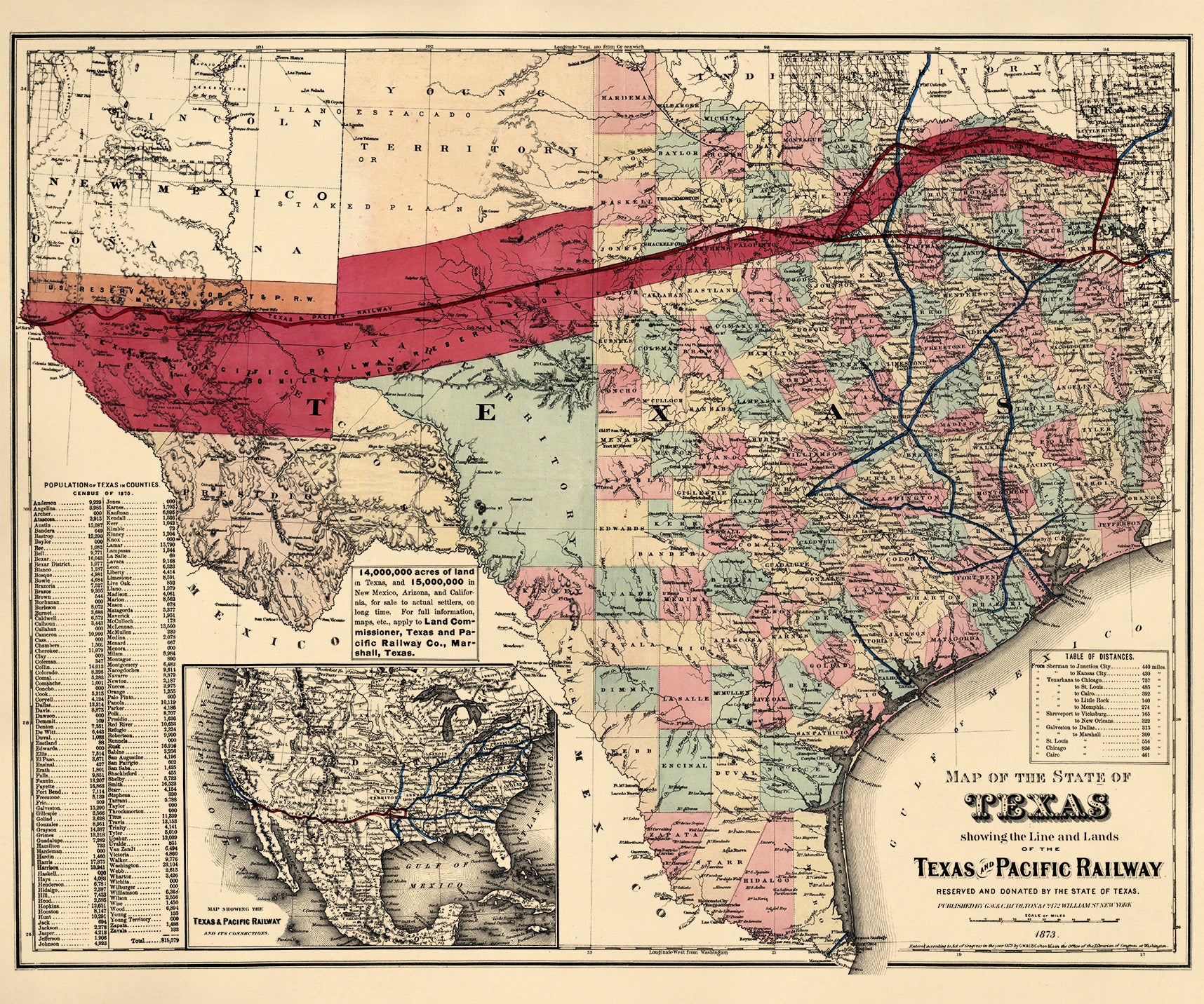 Map of the State of Texas Showing the Line and Lands of the Texas and Pacific Railway Reserved and Donated by the State of Texas, 1873 by Relic Map Company