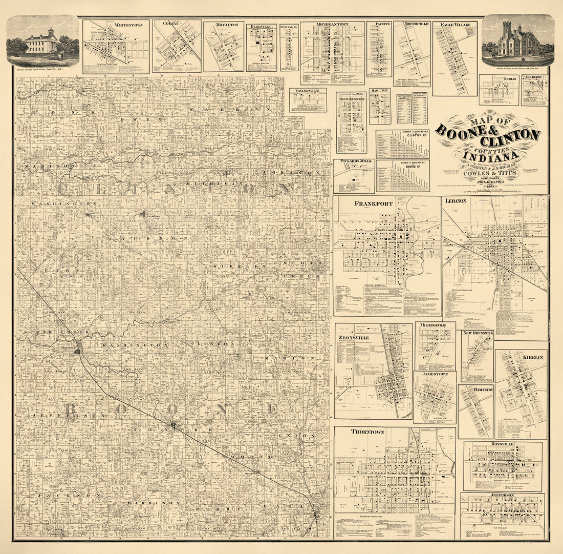 Map of Boone & Clinton Counties, Indiana 1865