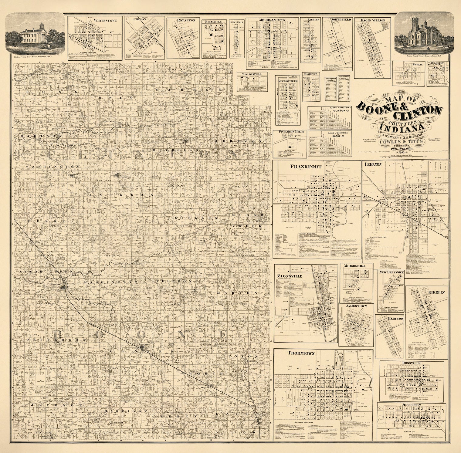 Map of Boone & Clinton Counties, Indiana 1865