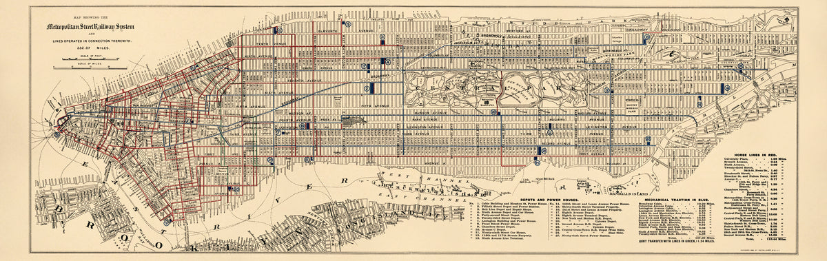 Map Showing the Metropolitan Street Railway System and Lines Operated In Connection Therewith : 232.07 Miles : borough of Manhattan, New York City 1899