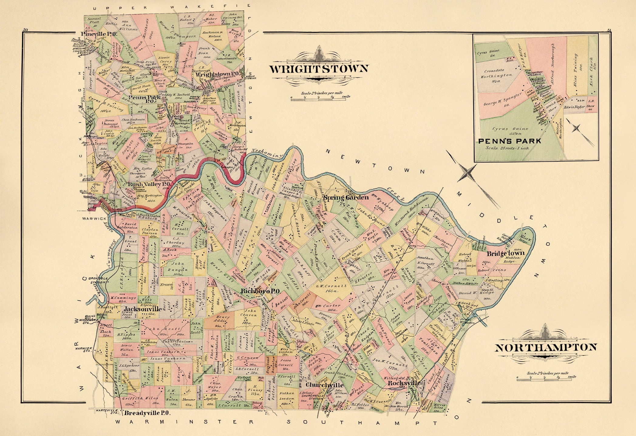 Wrightstown; Northhampton from Atlas of Bucks County, Pennsylvania 1891