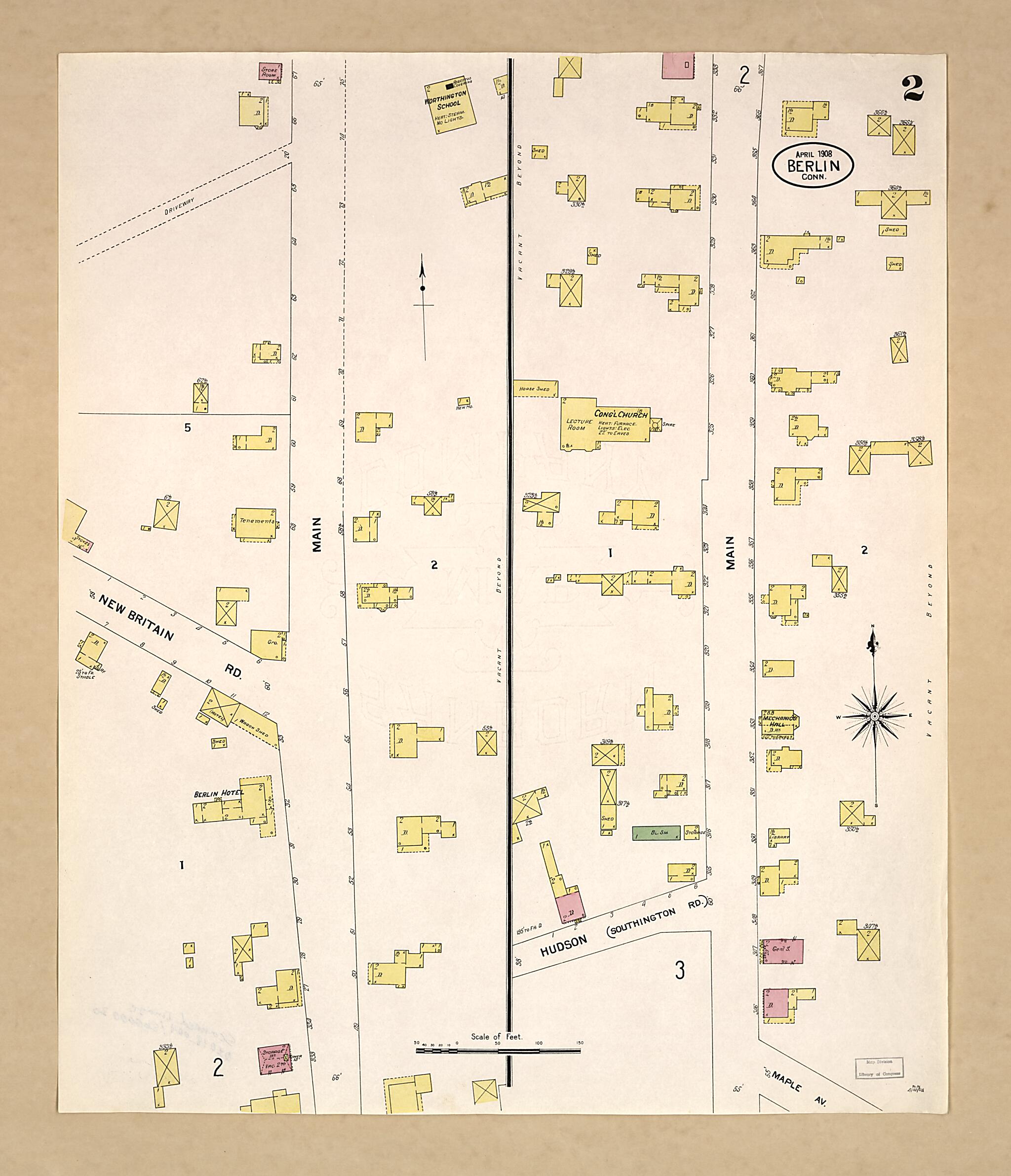 This old map of Berlin, Hartford County, Connecticut was created by Sanborn Map Company in 1908
