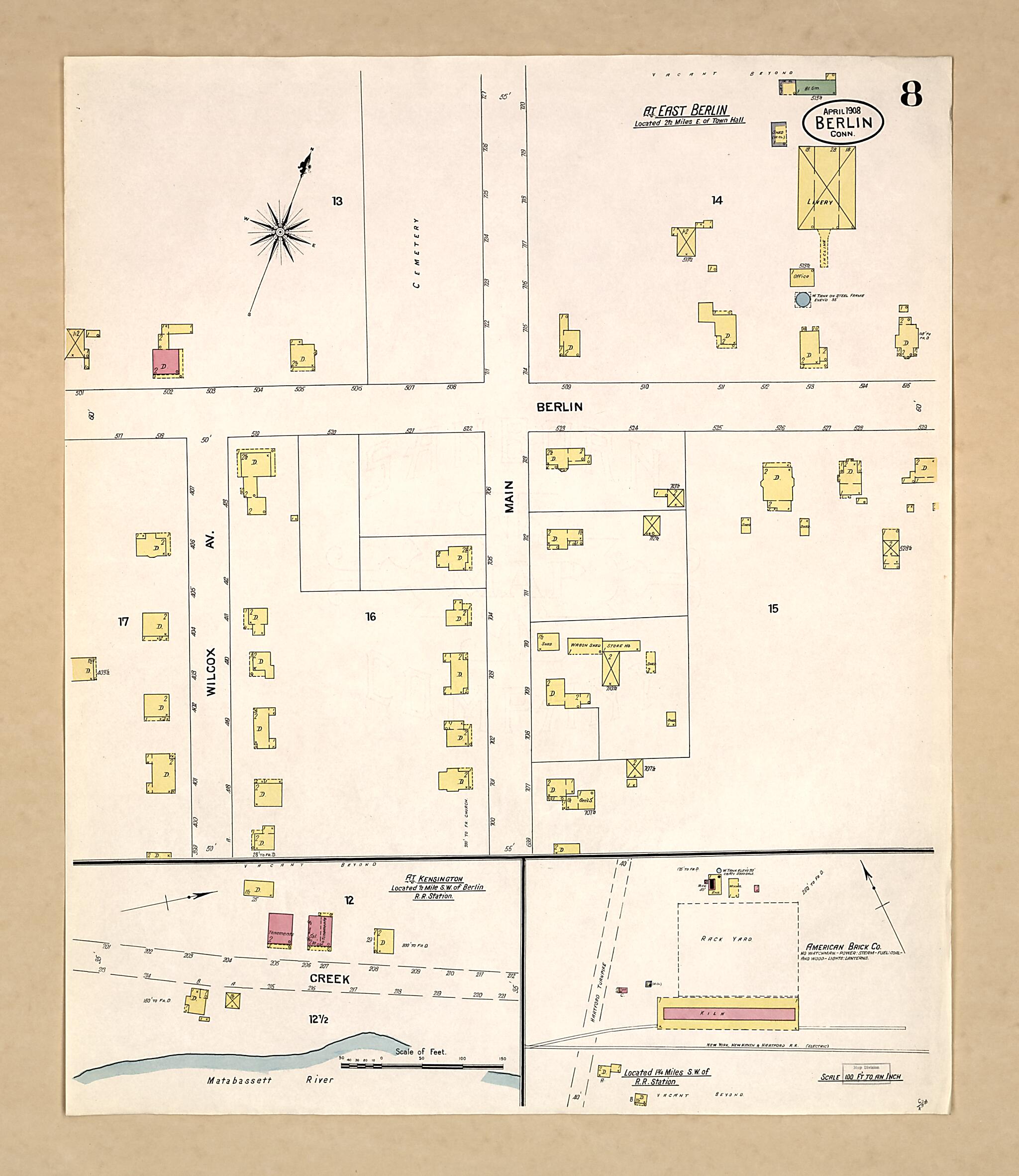 This old map of Berlin, Hartford County, Connecticut was created by Sanborn Map Company in 1908