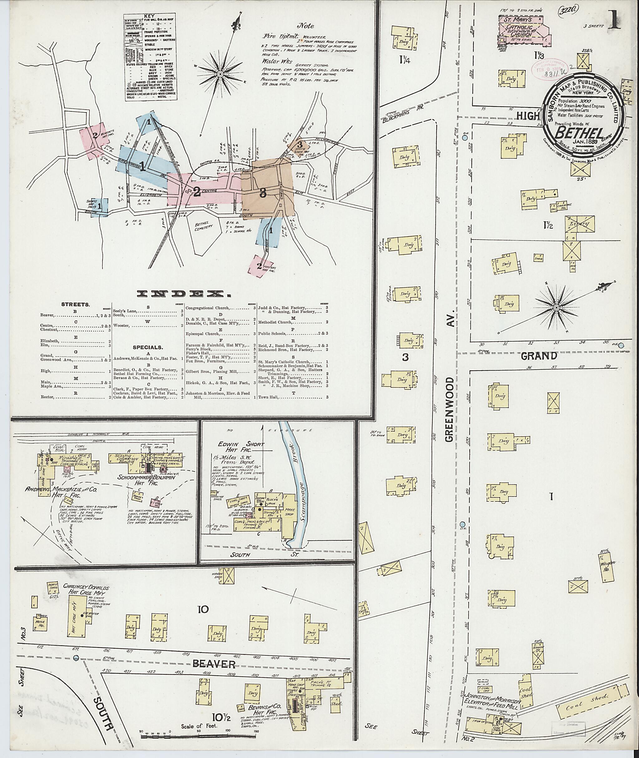This old map of Bethel, Fairfield County, Connecticut was created by Sanborn Map Company in 1889