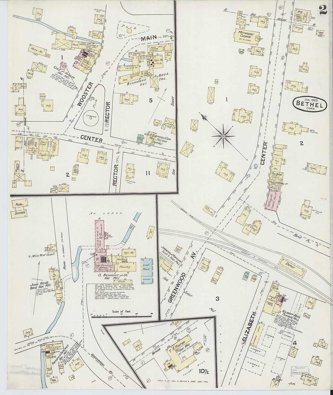 This old map of Bethel, Fairfield County, Connecticut was created by Sanborn Map Company in 1889
