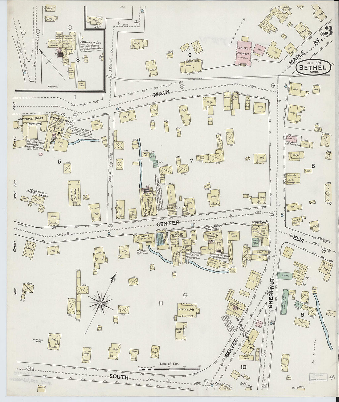 This old map of Bethel, Fairfield County, Connecticut was created by Sanborn Map Company in 1889