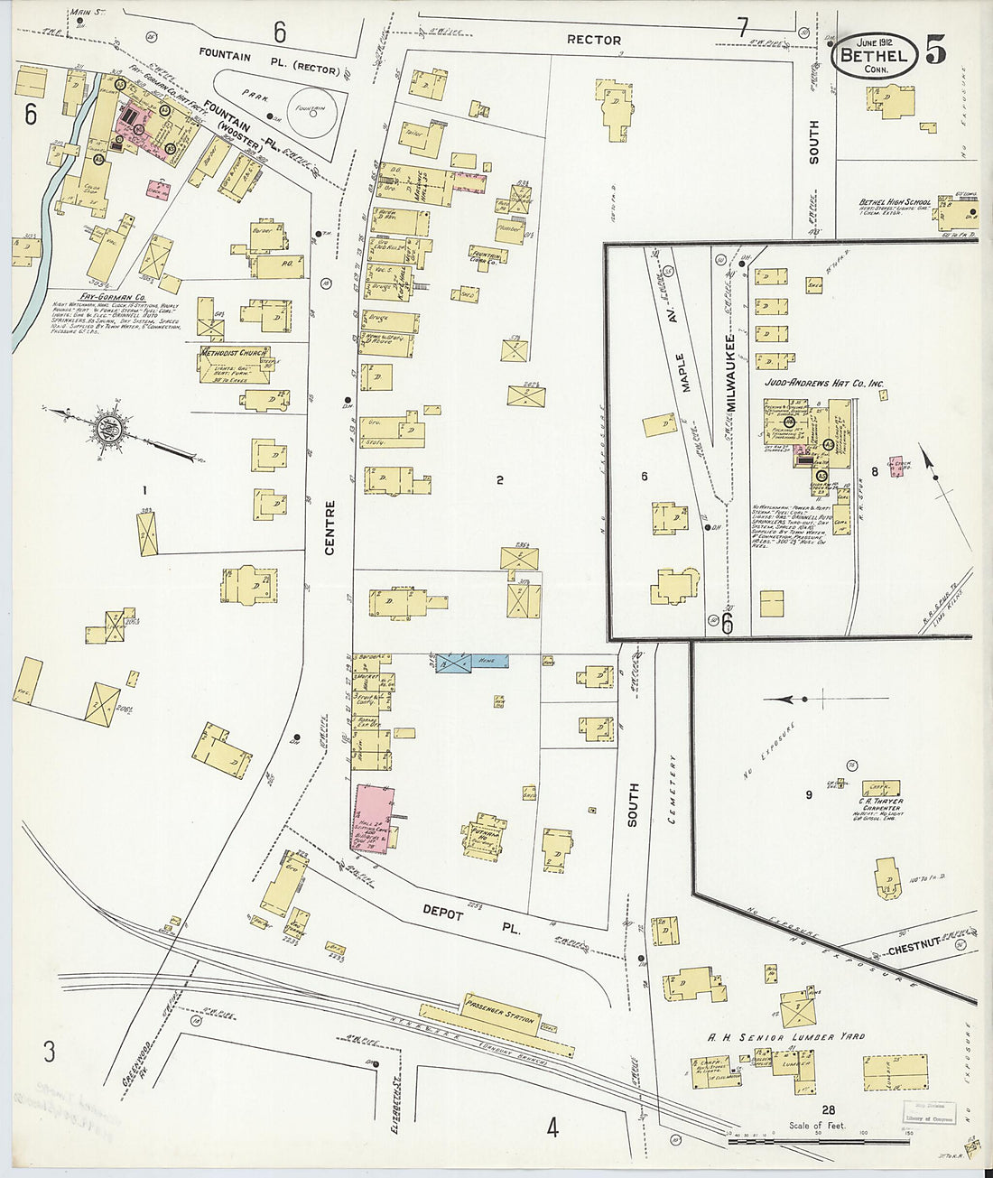 This old map of Bethel, Fairfield County, Connecticut was created by Sanborn Map Company in 1912