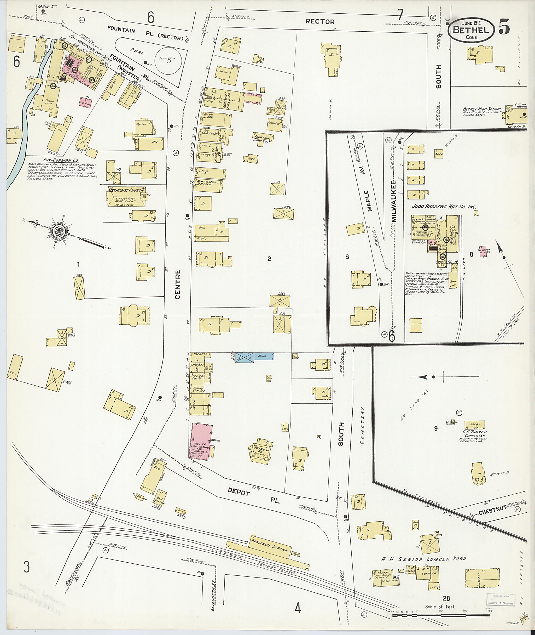 This old map of Bethel, Fairfield County, Connecticut was created by Sanborn Map Company in 1912