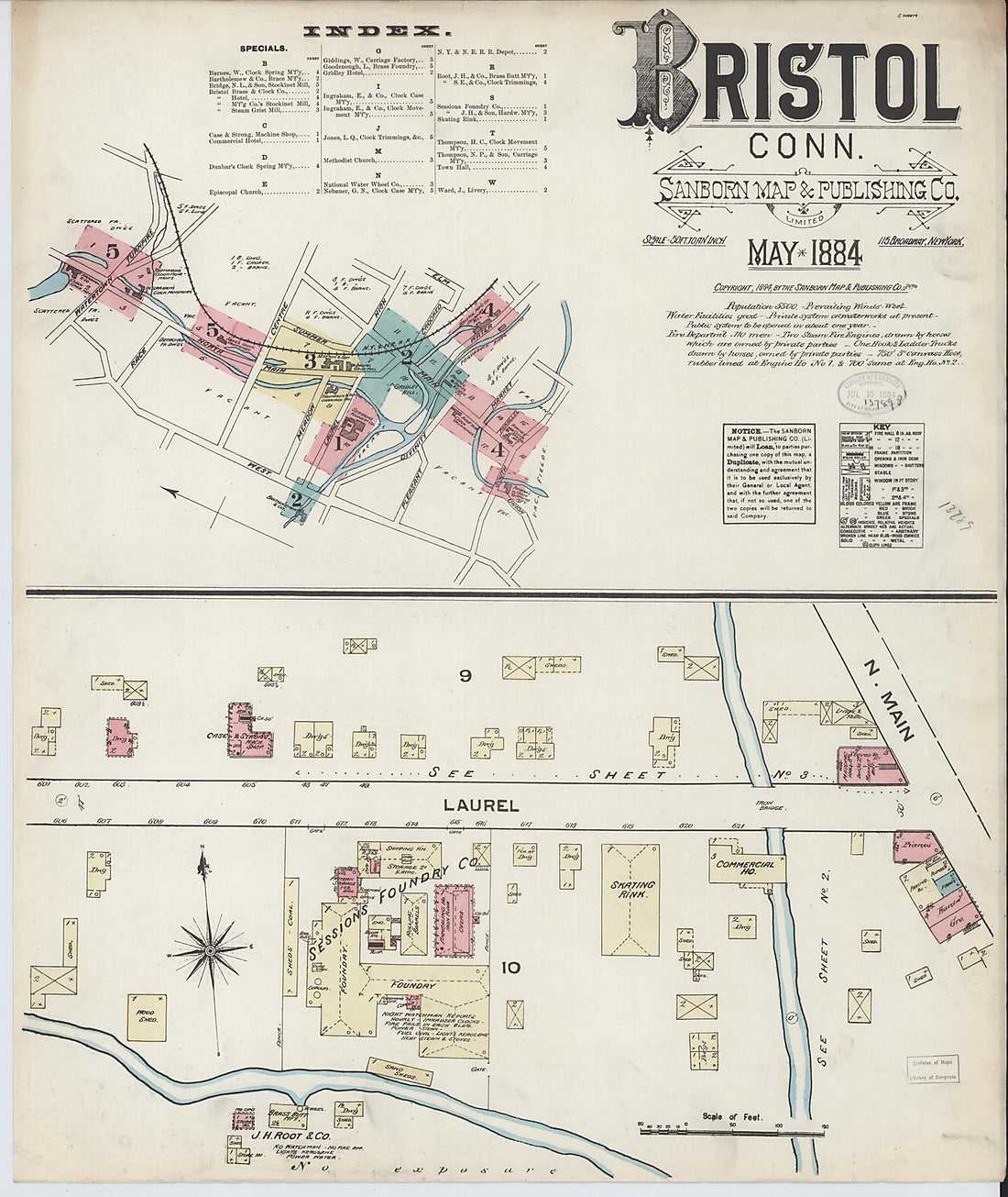 This old map of Bristol, Hartford County, Connecticut was created by Sanborn Map Company in 1884