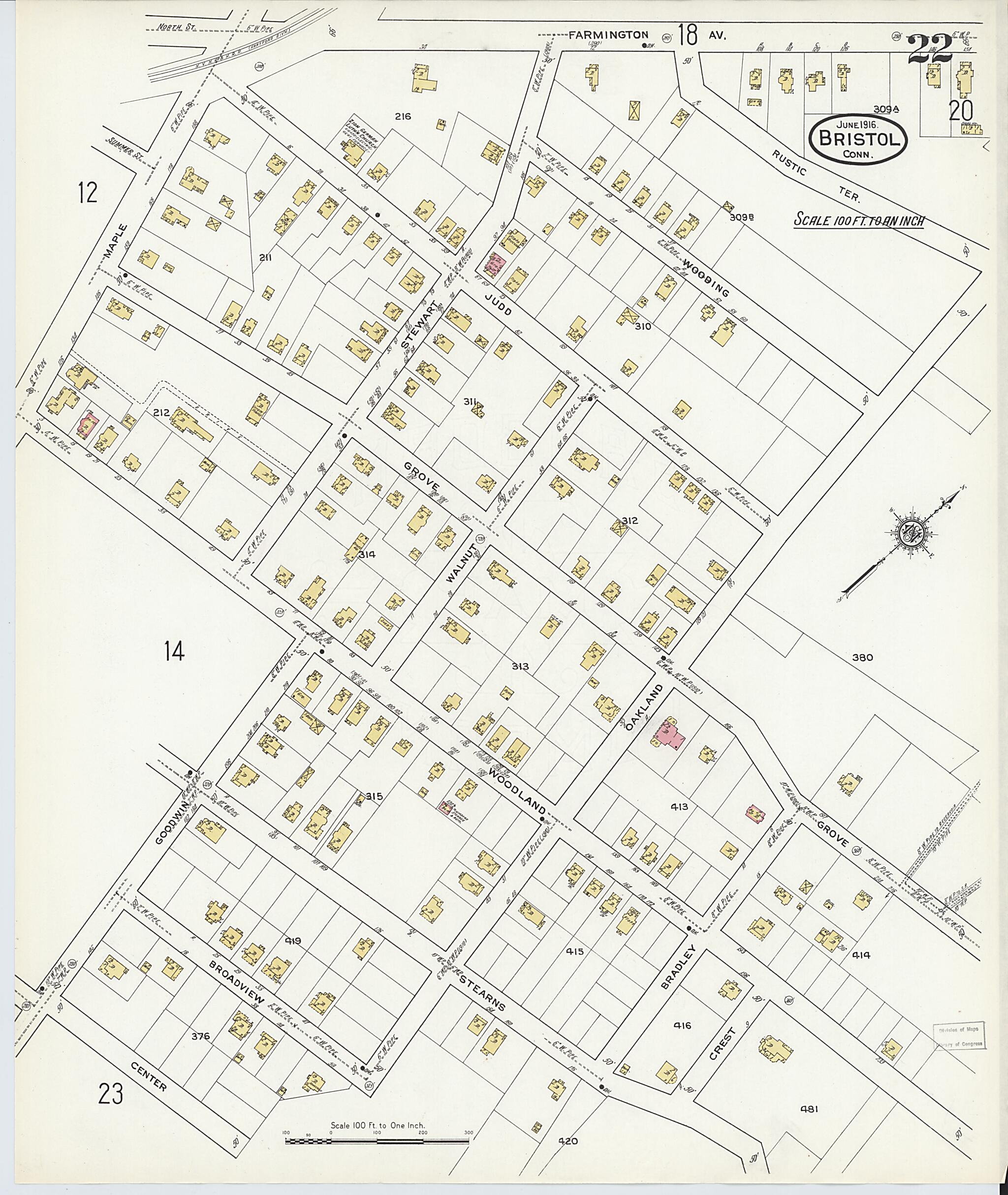 This old map of Bristol, Hartford County, Connecticut was created by Sanborn Map Company in 1916