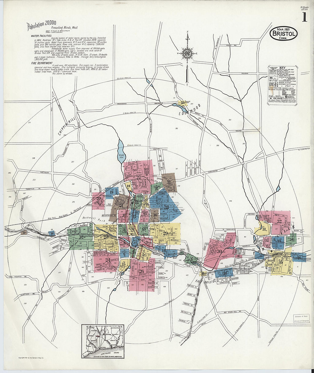 This old map of Bristol, Hartford County, Connecticut was created by Sanborn Map Company in 1921