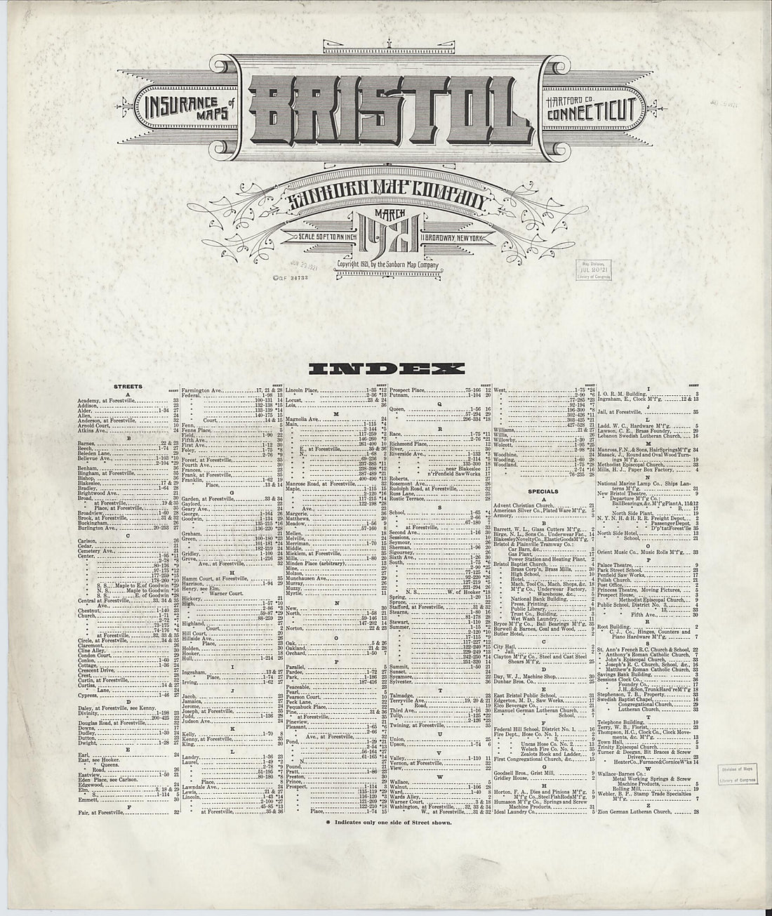 This old map of Bristol, Hartford County, Connecticut was created by Sanborn Map Company in 1921