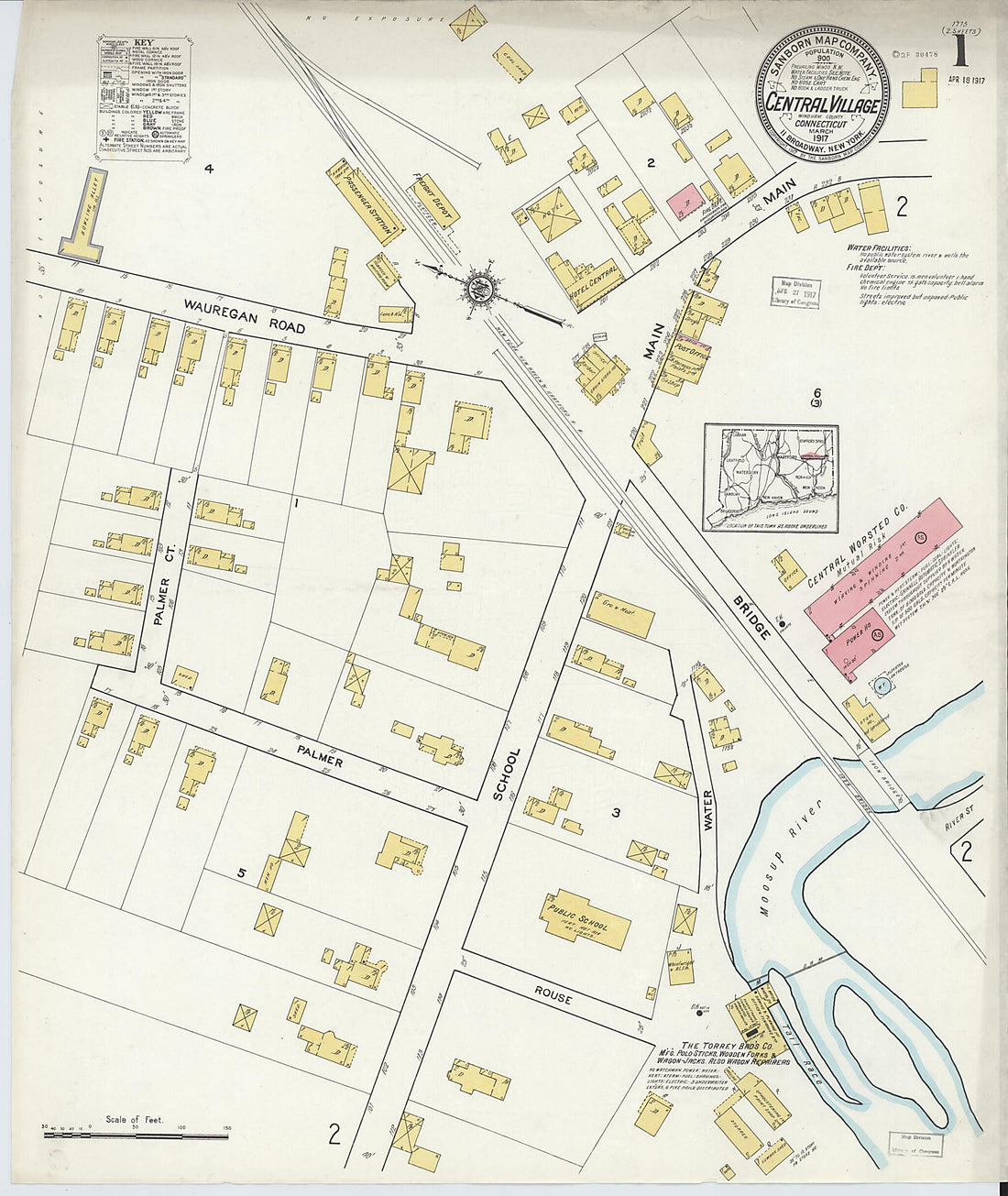 This old map of Central Village, Windham County, Connecticut was created by Sanborn Map Company in 1917