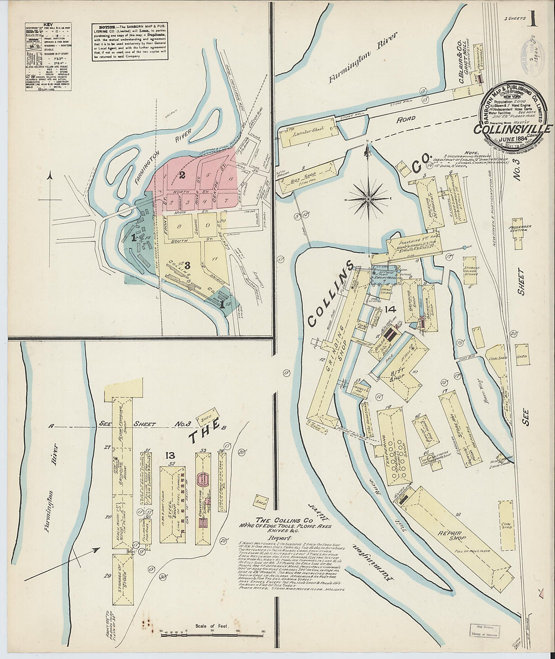 This old map of Collinsville, Hartford County, Connecticut was created by Sanborn Map Company in 1884
