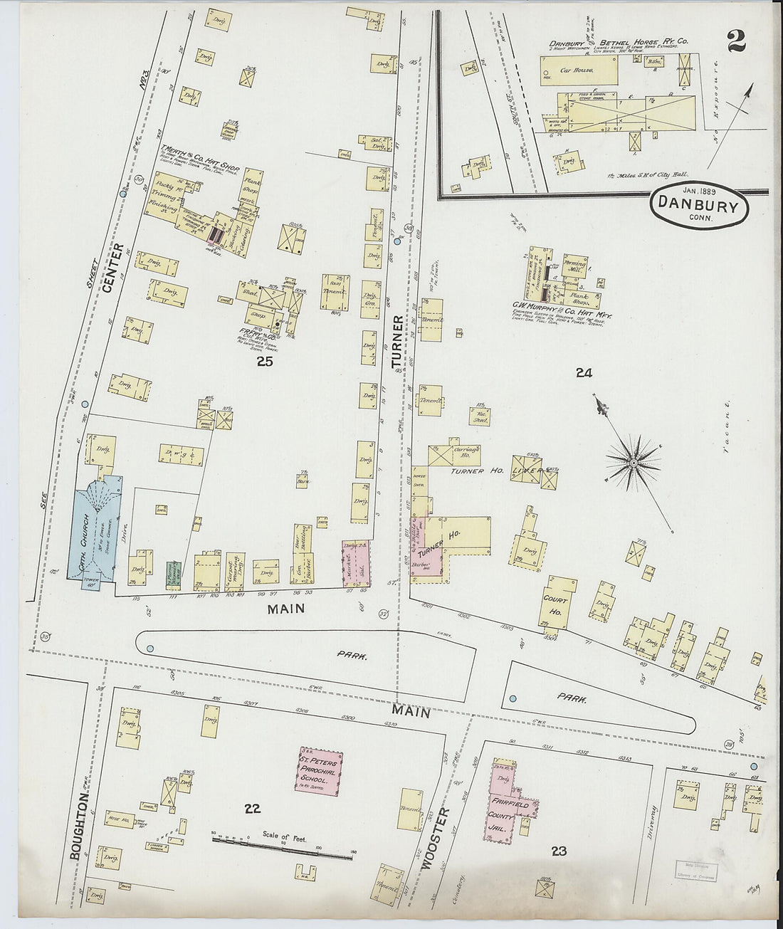 This old map of Danbury, Fairfield County, Connecticut was created by Sanborn Map Company in 1889