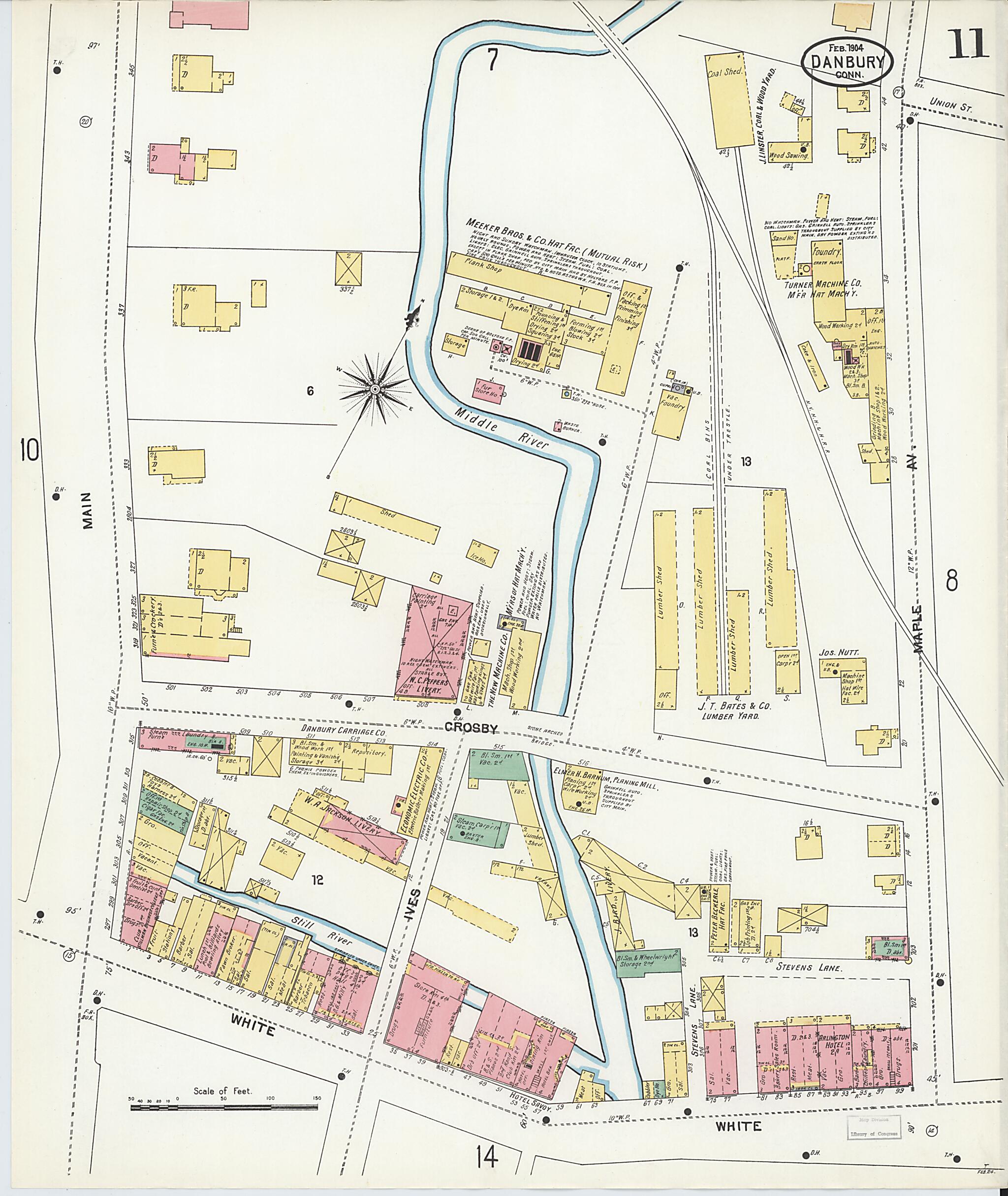 This old map of Danbury, Fairfield County, Connecticut was created by Sanborn Map Company in 1904