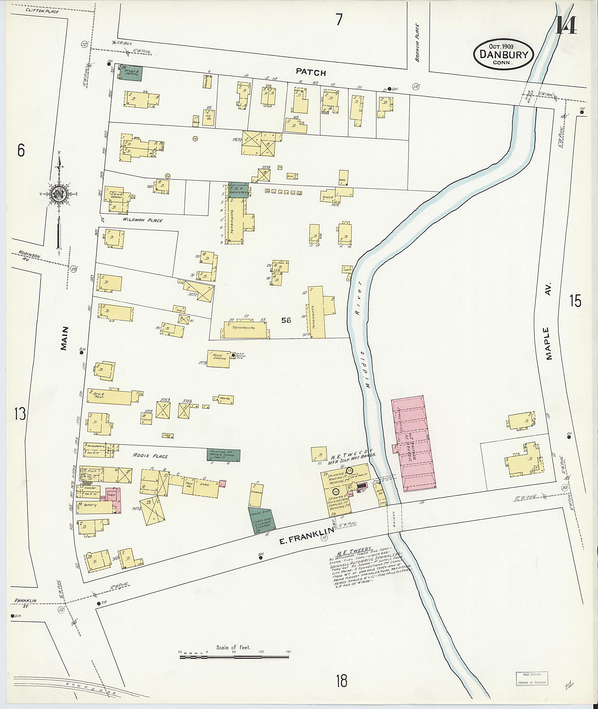 This old map of Danbury, Fairfield County, Connecticut was created by Sanborn Map Company in 1909